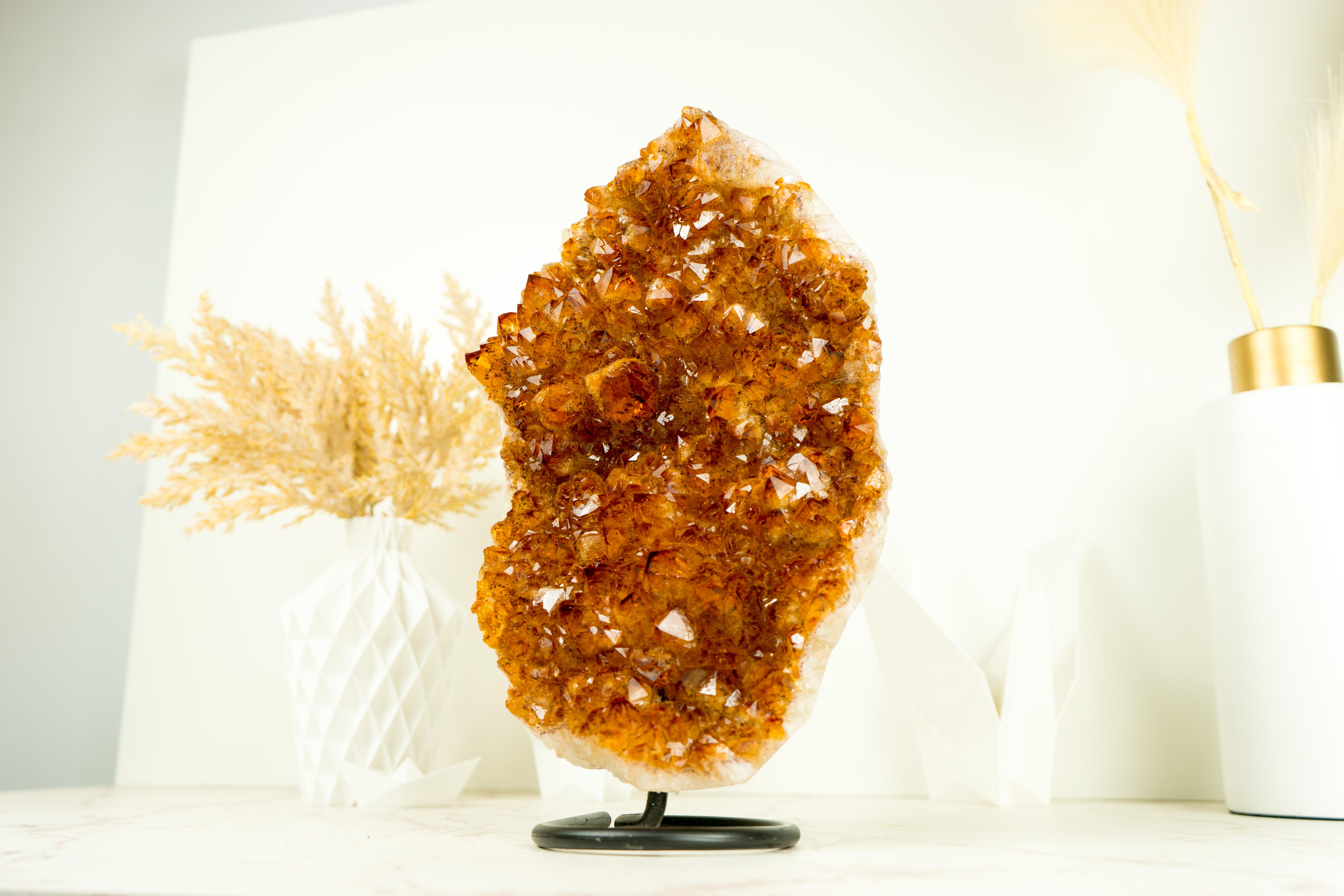 Contemporary Deep Orange/Red Citrine Crystal Cluster on Stand