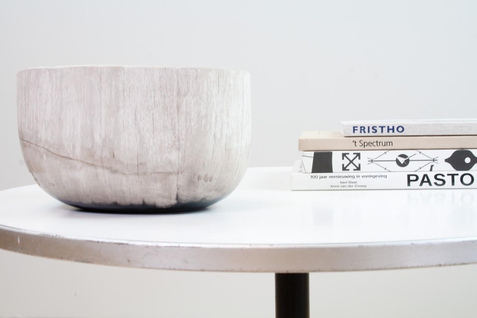 Deep petrified wooden bowl. Smooth sanded and polished on the inside. The somewhat rough beige and white outside stands out against the polished anthracite and beige inside, together with the shape make this an elegant and unique piece. The object