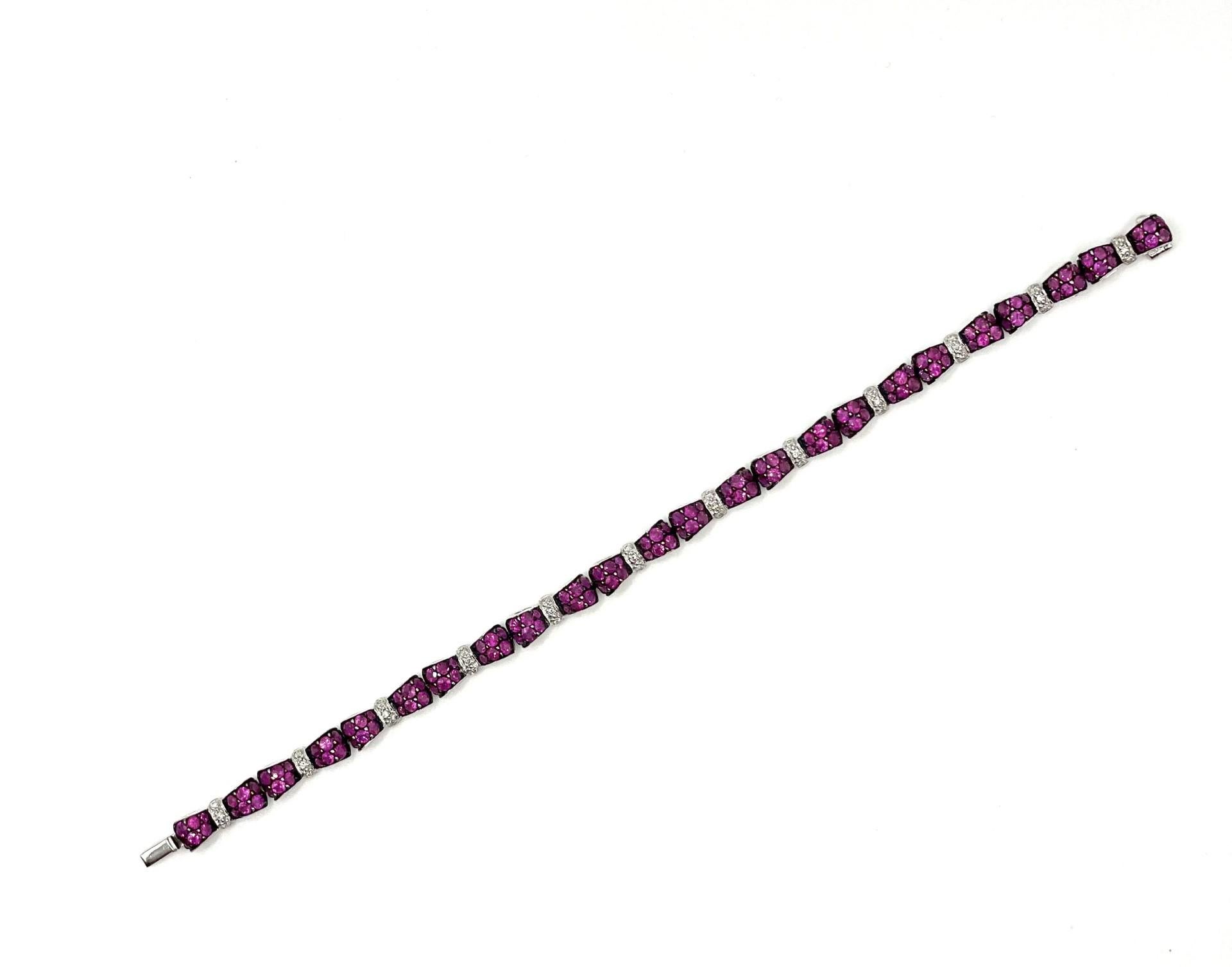 Women's Deep Pink Sapphire & White Diamond Bow Tie Bracelet in 18 Karat White Gold  For Sale
