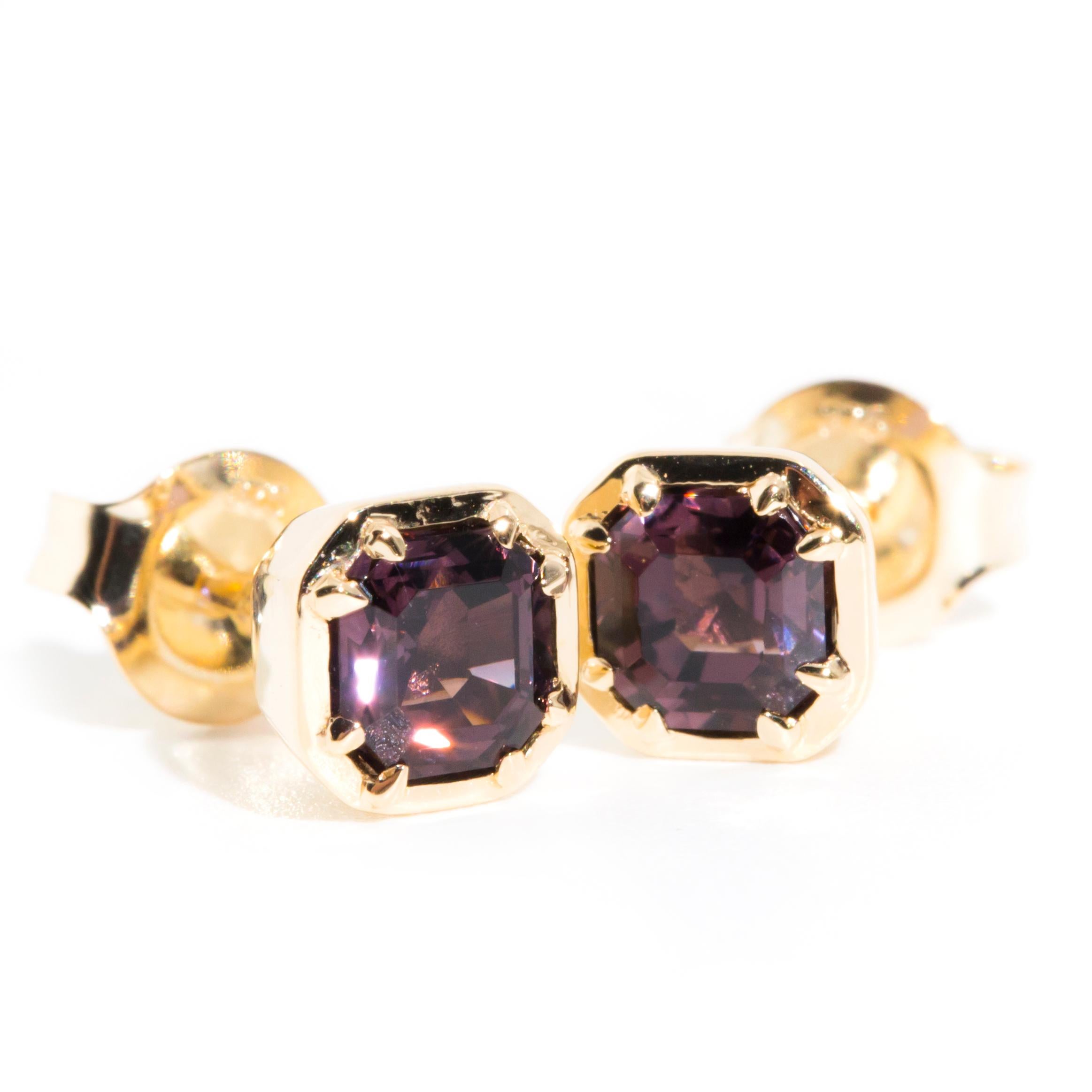 Asscher Cut Deep Pink Spinel Contemporary Stud Style Earrings in 9 Carat Yellow Gold For Sale