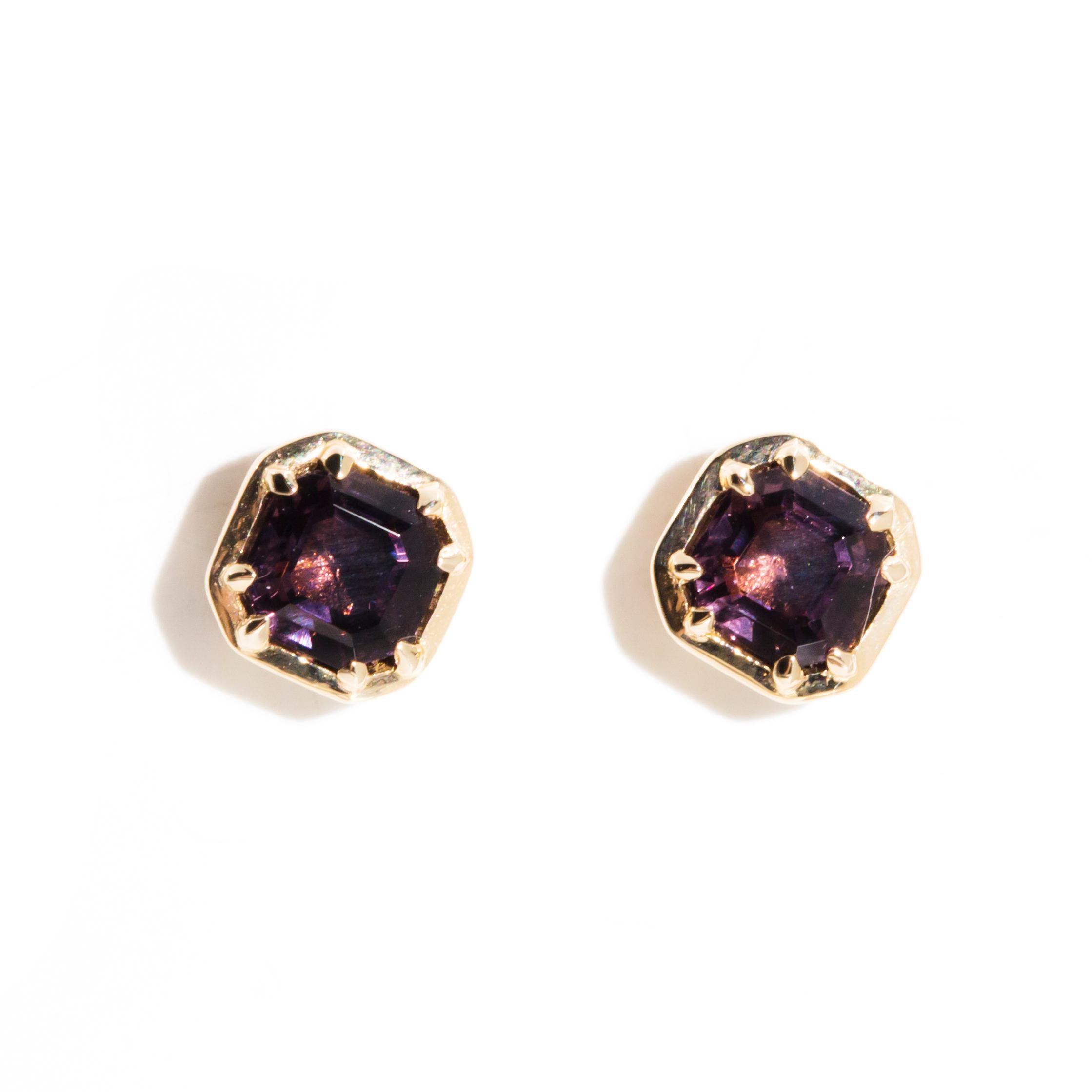 Deep Pink Spinel Contemporary Stud Style Earrings in 9 Carat Yellow Gold For Sale 1