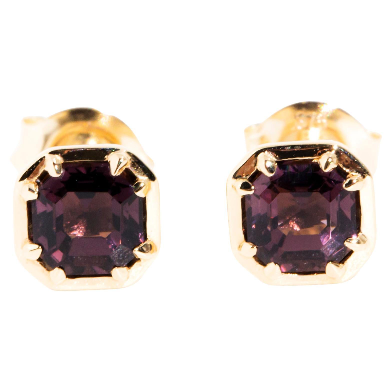 Deep Pink Spinel Contemporary Stud Style Earrings in 9 Carat Yellow Gold