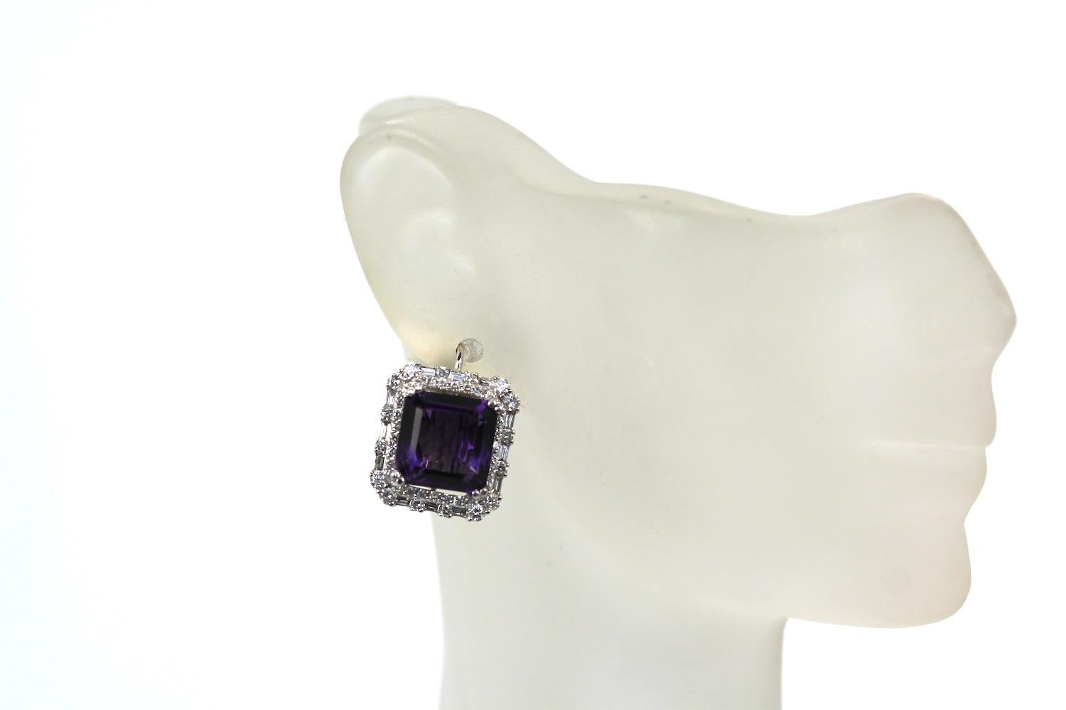 Women's or Men's Deep Purple Amethyst 10 Carat Diamond Earrings 18 Karat White Gold For Sale