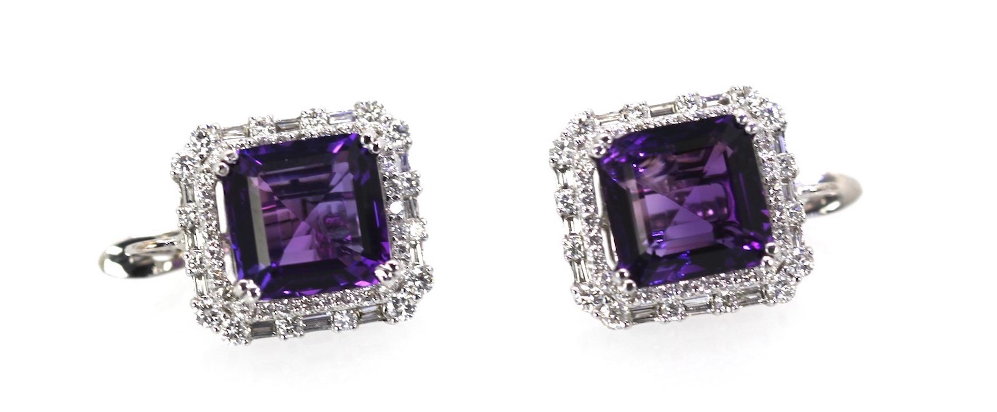 Deep Purple Amethyst 10 Carat Diamond Earrings 18 Karat White Gold For Sale 2