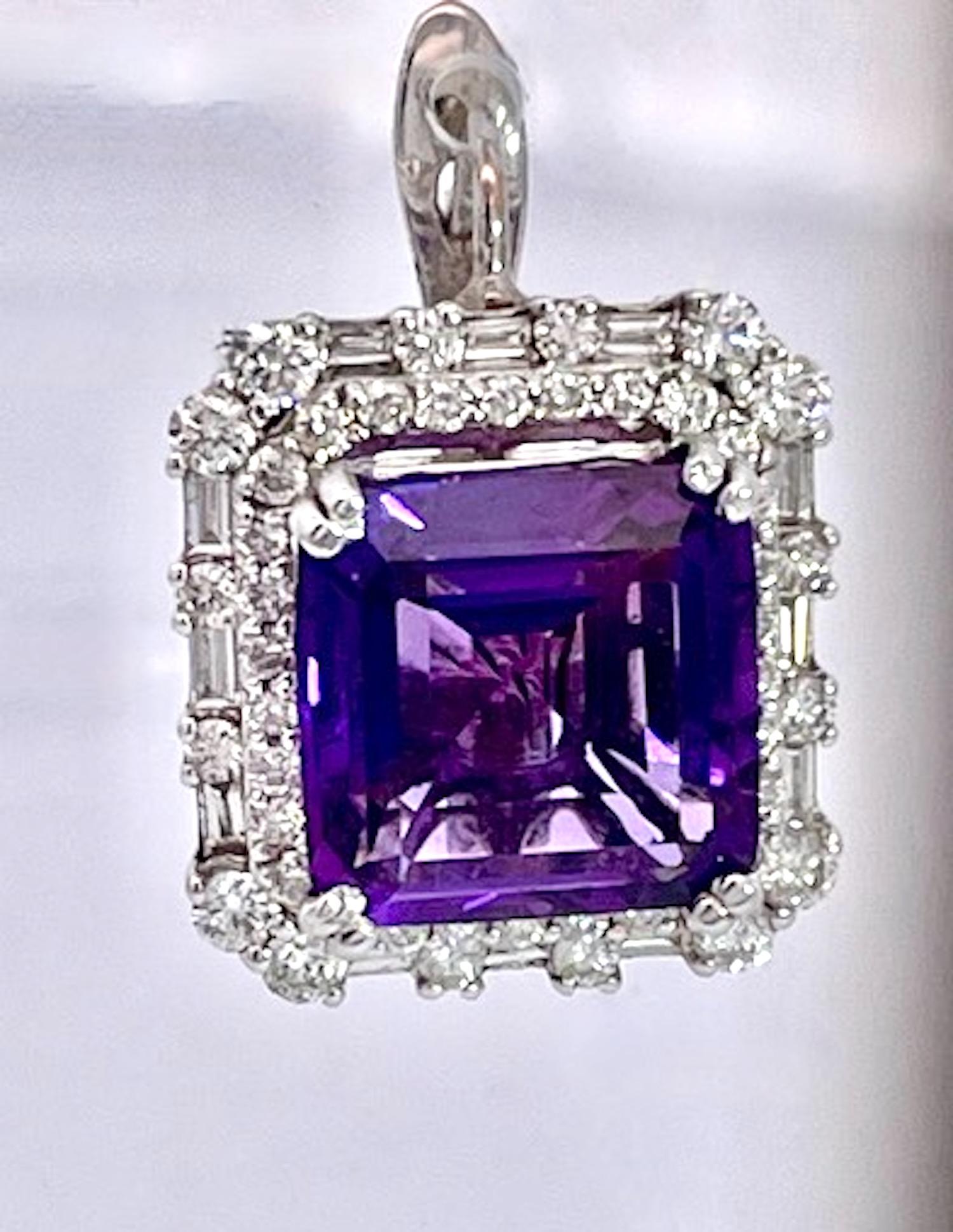 These earrings are made from 2 emerald cut Amethyst Stones approximately 4 carats each to total 8 carats with a Diamond Surround.
There are about 2 carats of very white G color Diamonds both round and baguette that surround these gorgeous amethysts.