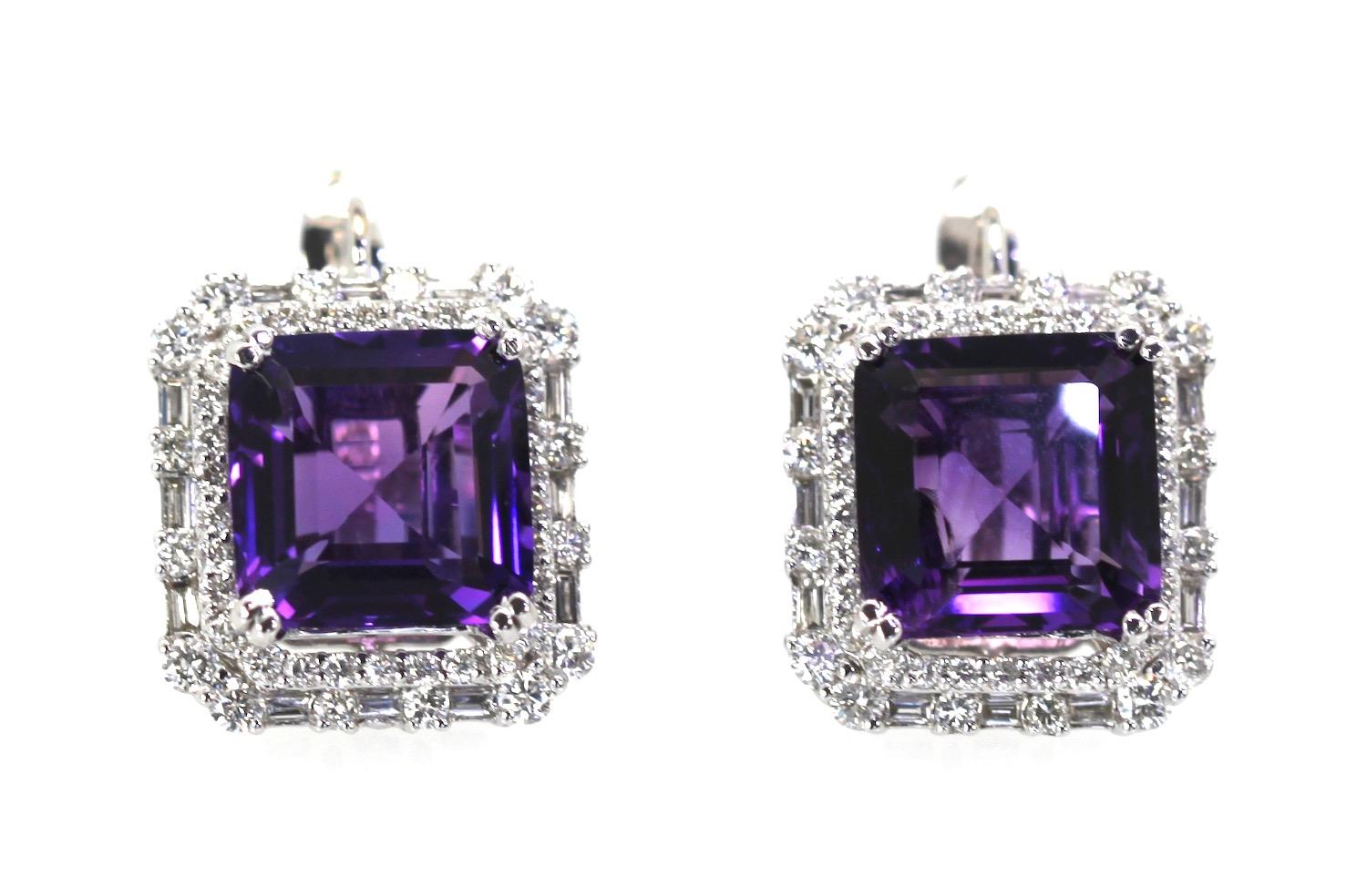 Modern Deep Purple Amethyst 10 Carat Diamond Earrings 18 Karat White Gold For Sale