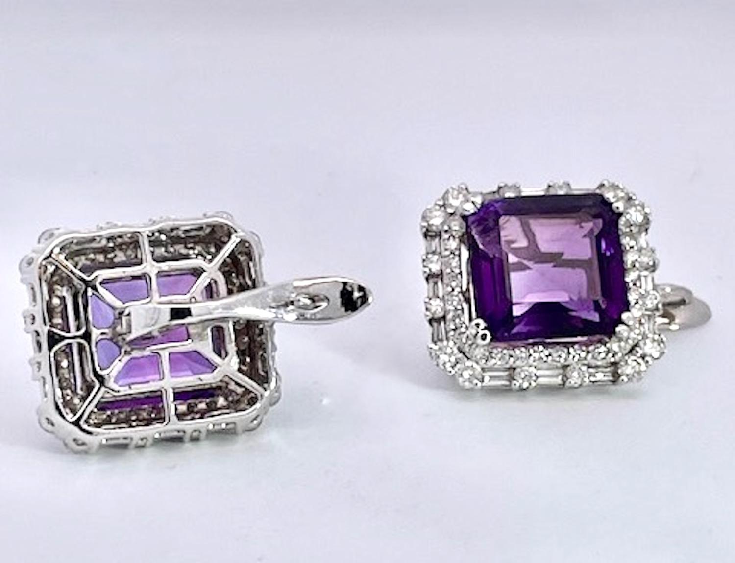 Cushion Cut Deep Purple Amethyst 10 Carat Diamond Earrings 18 Karat White Gold For Sale