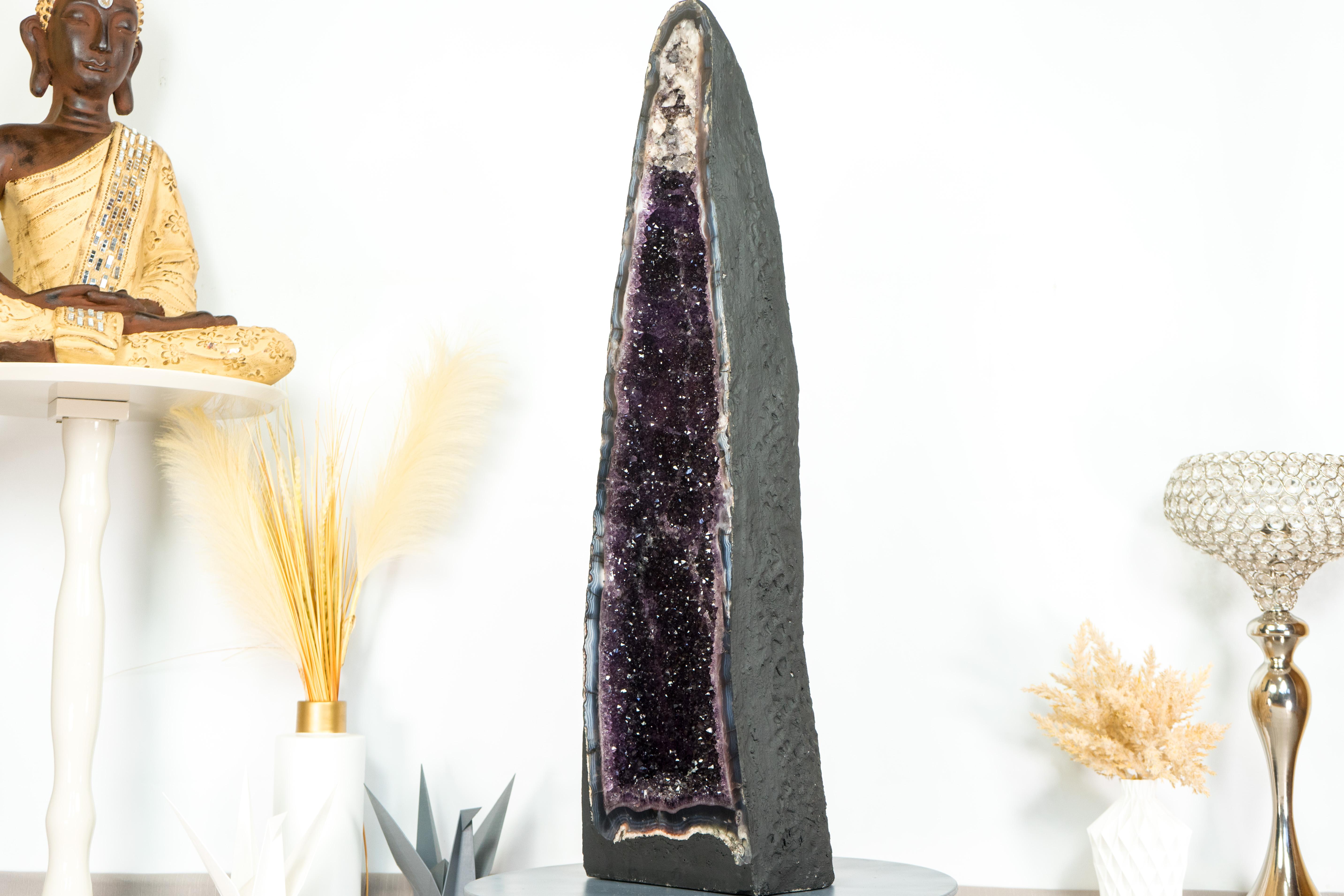 Deep Purple Amethyst Cathedral Geode, with Lace Agate and Calcite, Large & Tall For Sale 3
