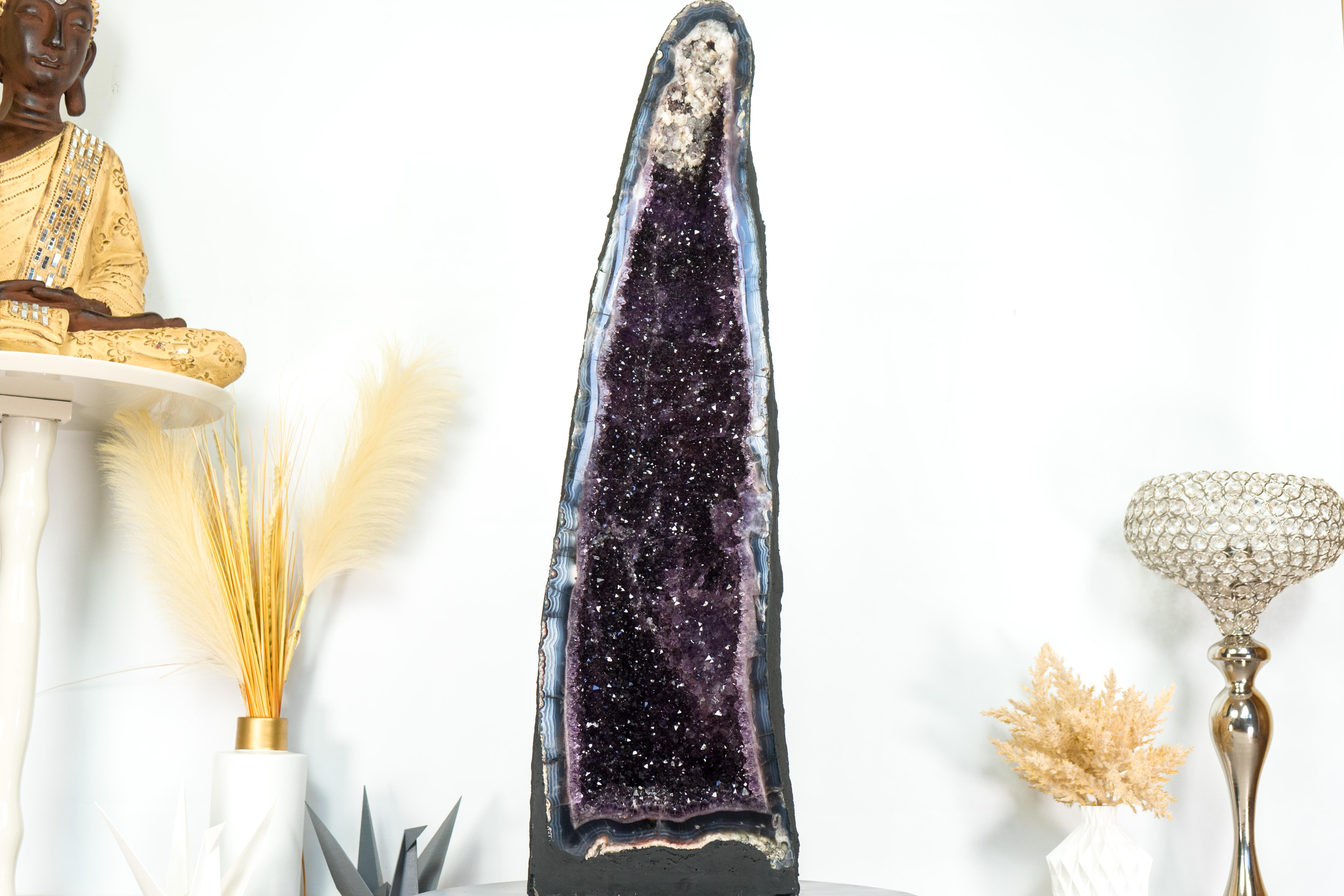 Deep Purple Amethyst Cathedral Geode, with Lace Agate and Calcite, Large & Tall For Sale 7