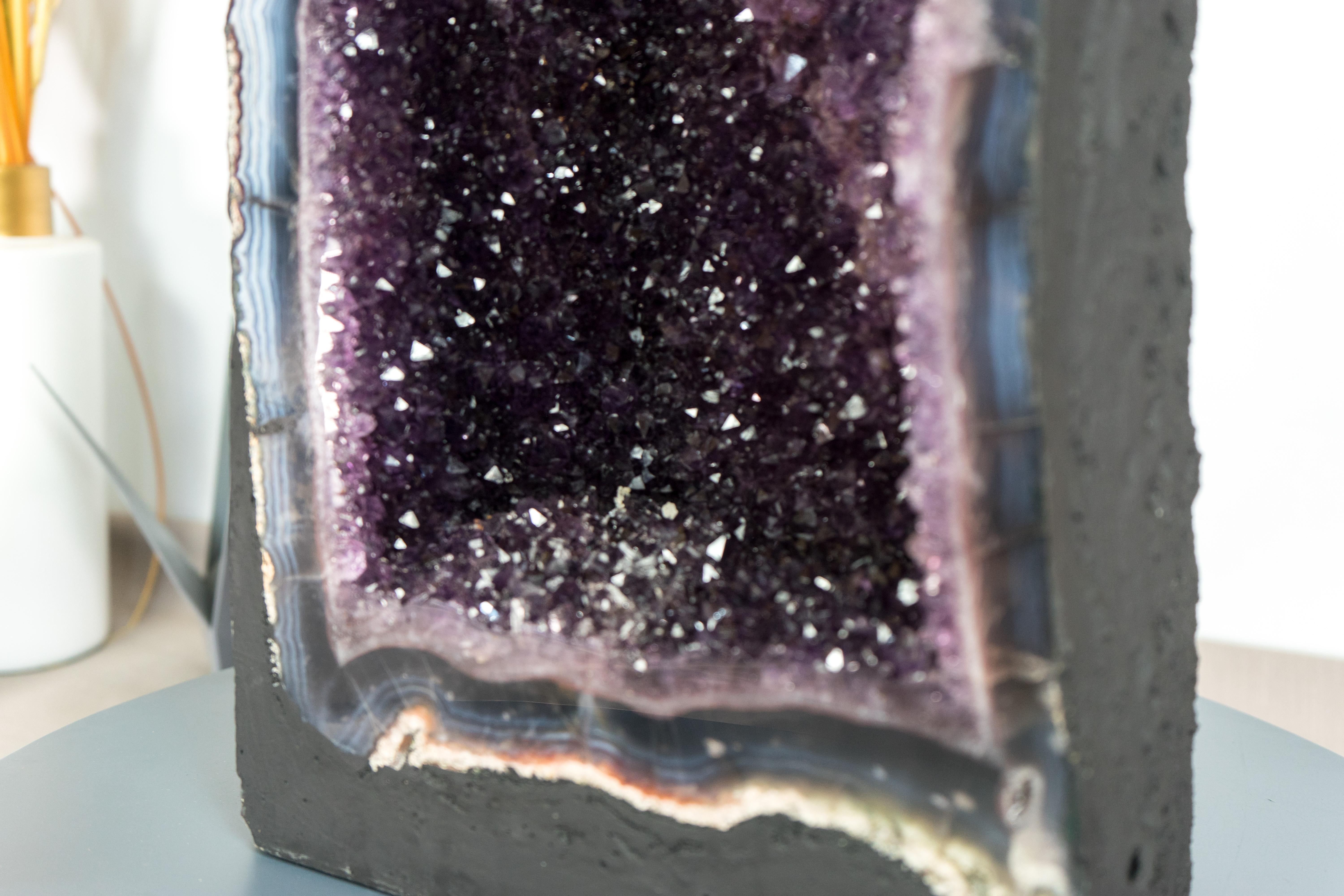 Brazilian Deep Purple Amethyst Cathedral Geode, with Lace Agate and Calcite, Large & Tall For Sale
