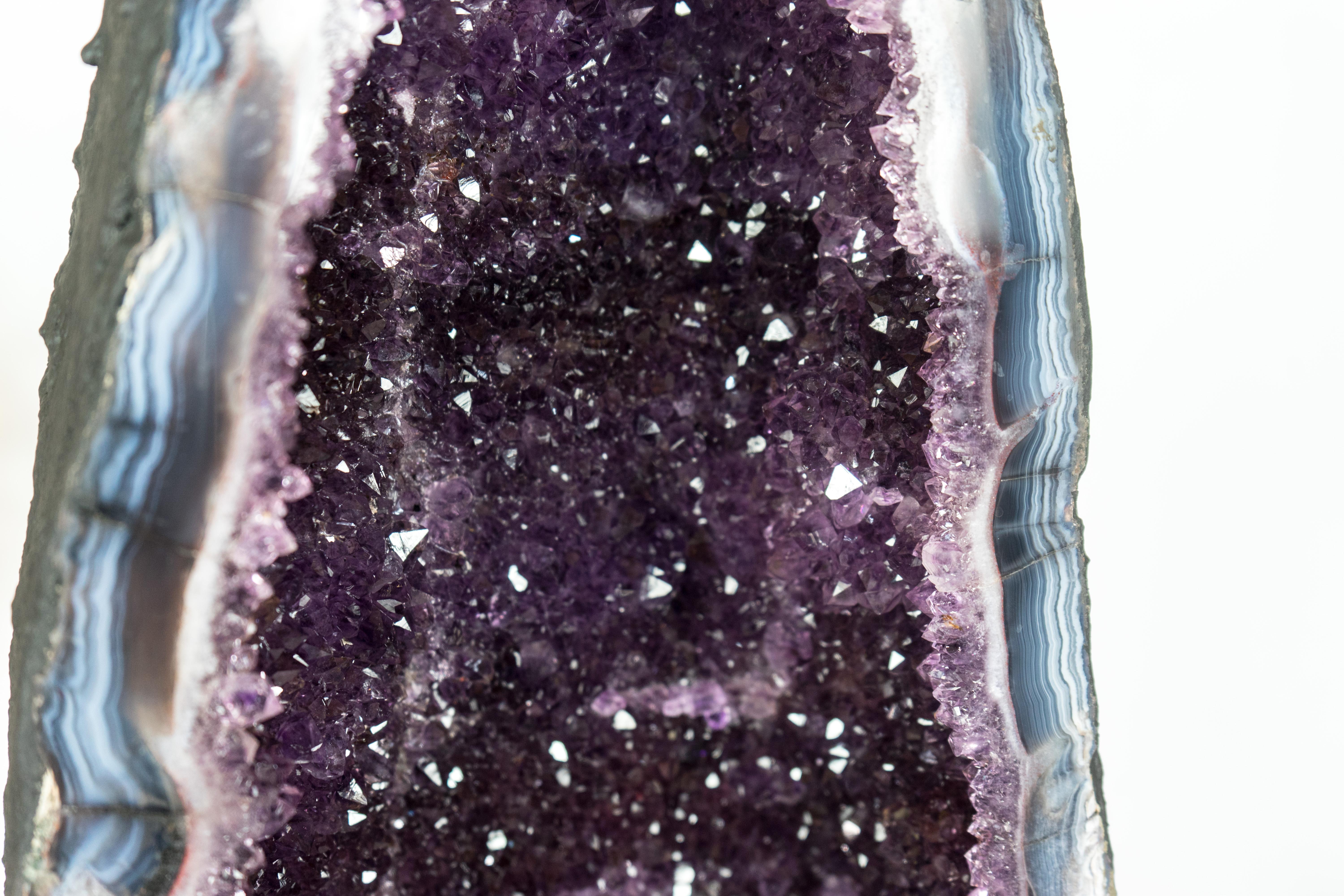 Contemporary Deep Purple Amethyst Cathedral Geode, with Lace Agate and Calcite, Large & Tall For Sale
