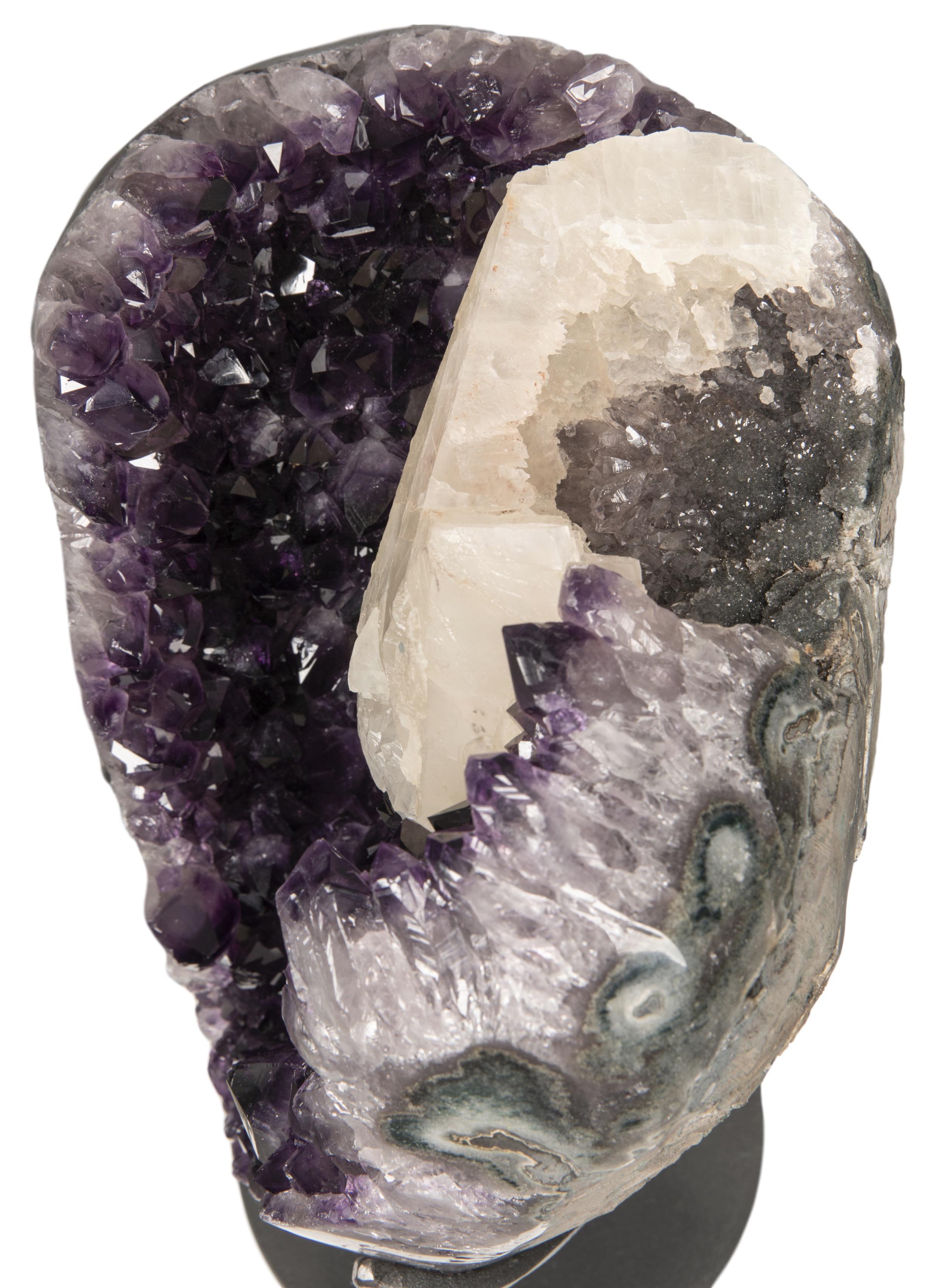 Deep Purple Amethyst Cluster with Calcite and Grey Druze on Metal Stand 2