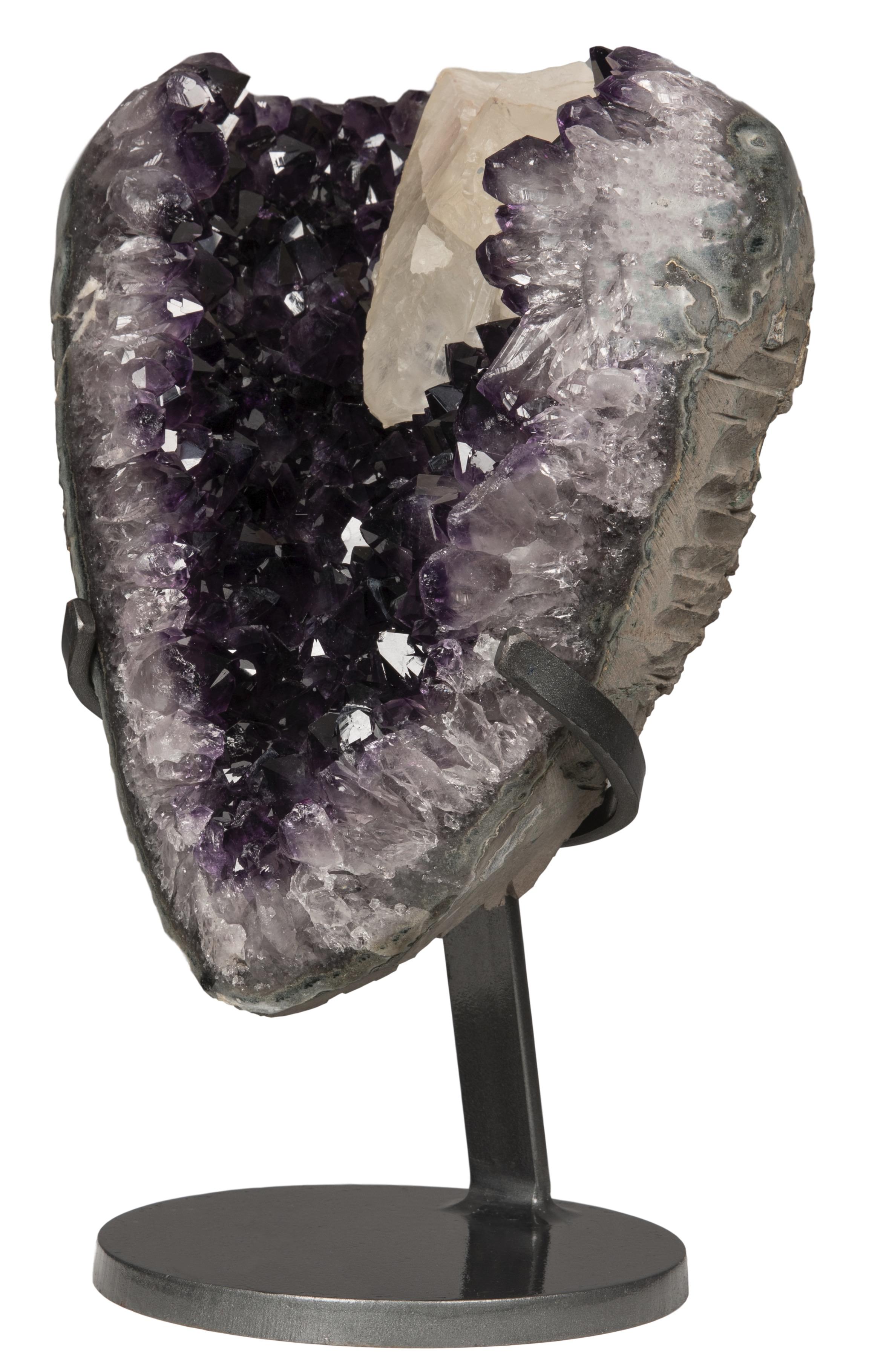 Uruguayan Deep Purple Amethyst Cluster with Calcite and Grey Druze on Metal Stand