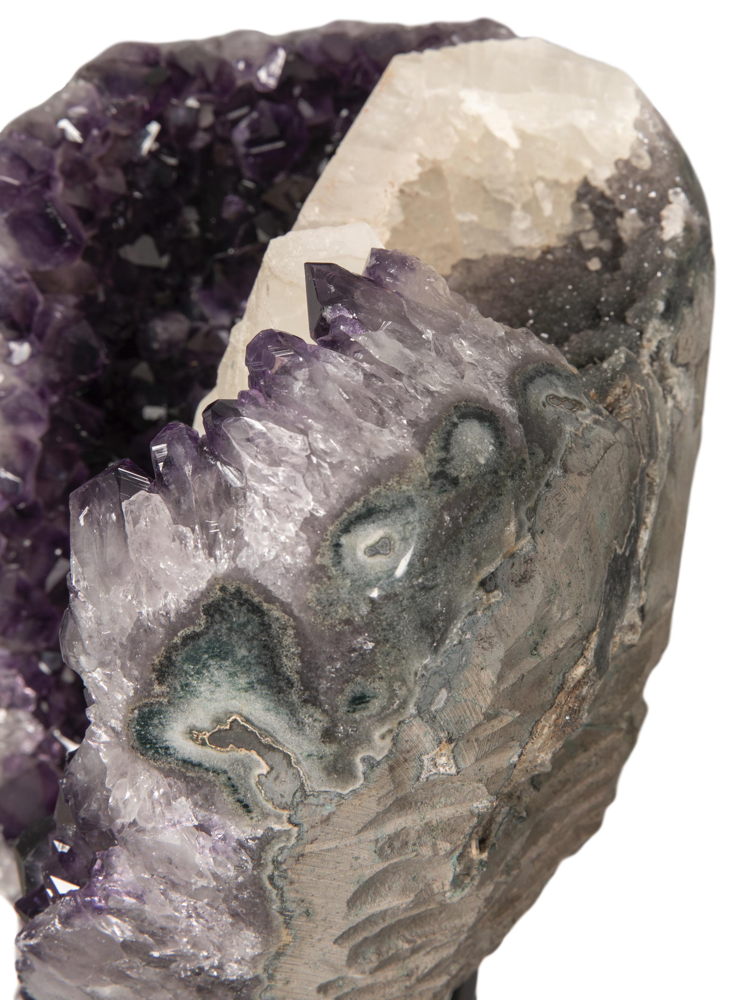Agate Deep Purple Amethyst Cluster with Calcite and Grey Druze on Metal Stand