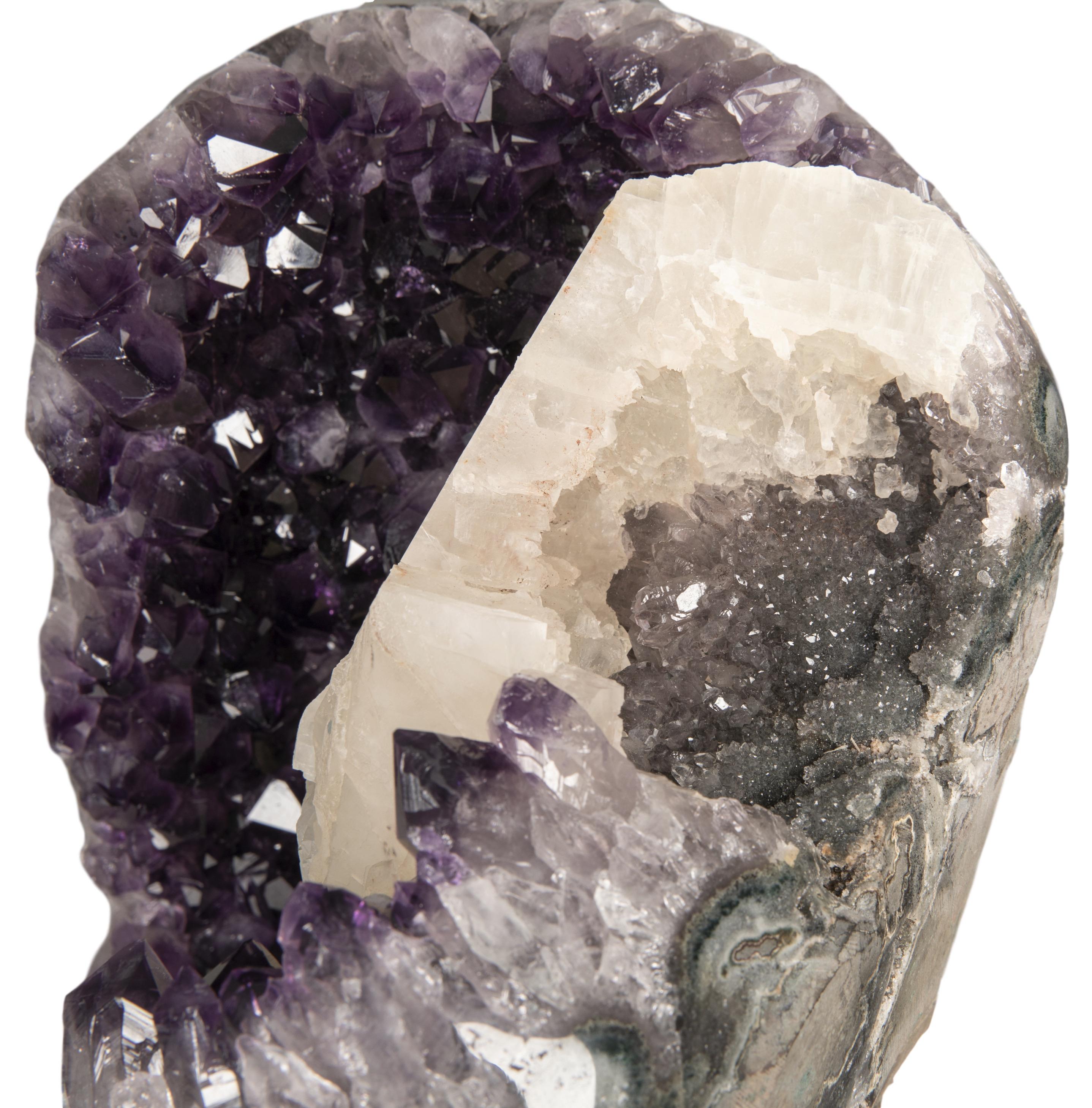 Deep Purple Amethyst Cluster with Calcite and Grey Druze on Metal Stand 1