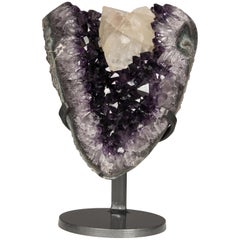 Deep Purple Amethyst Cluster with Calcite and Grey Druze on Metal Stand