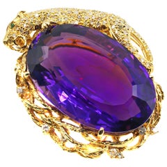 Deep Purple Amethyst Diamond Gold Emerald Jaguar Pendant Brooch