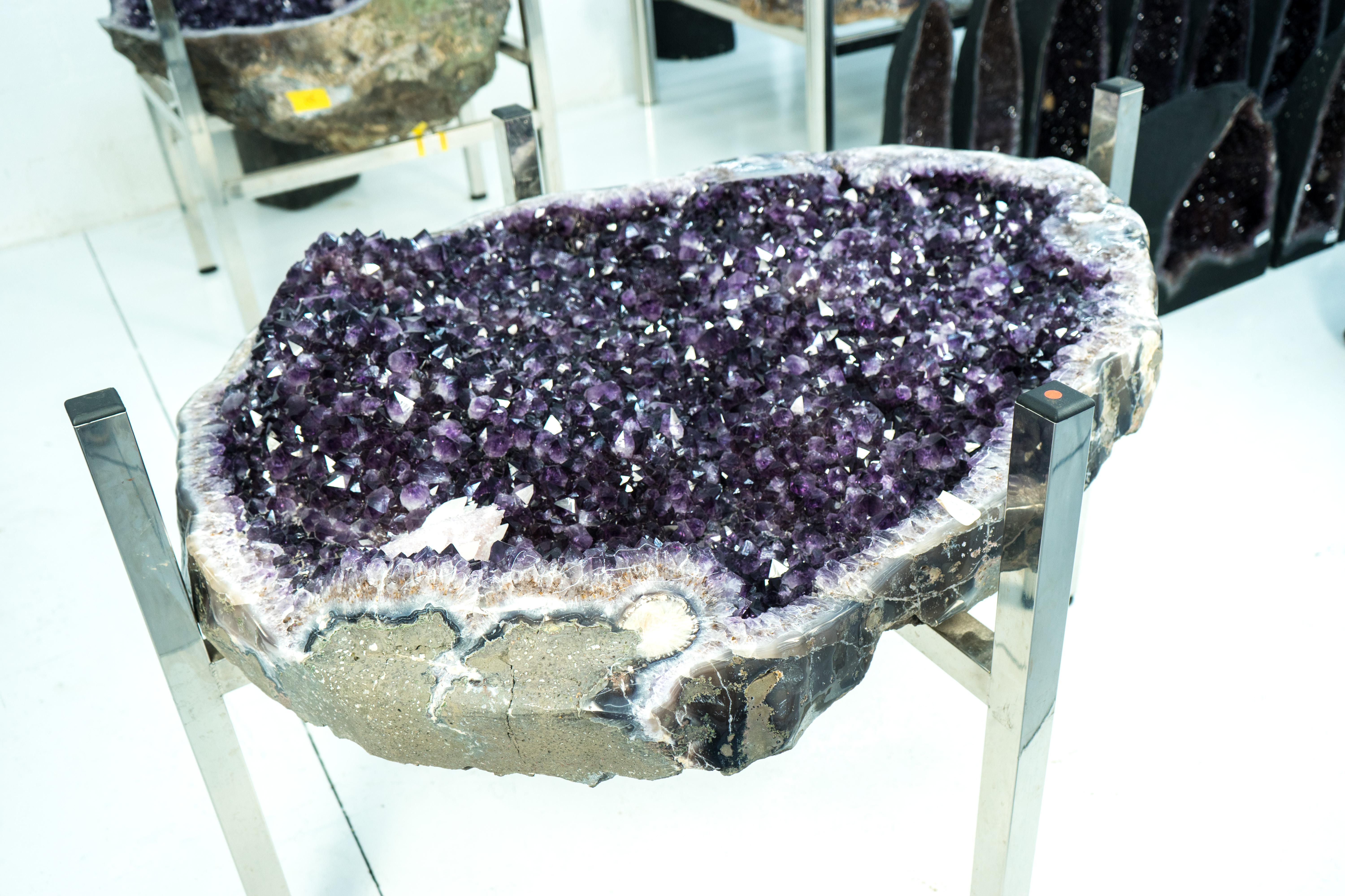 Deep Purple Amethyst Geode Dining Table on Handmade Base In New Condition In Ametista Do Sul, BR