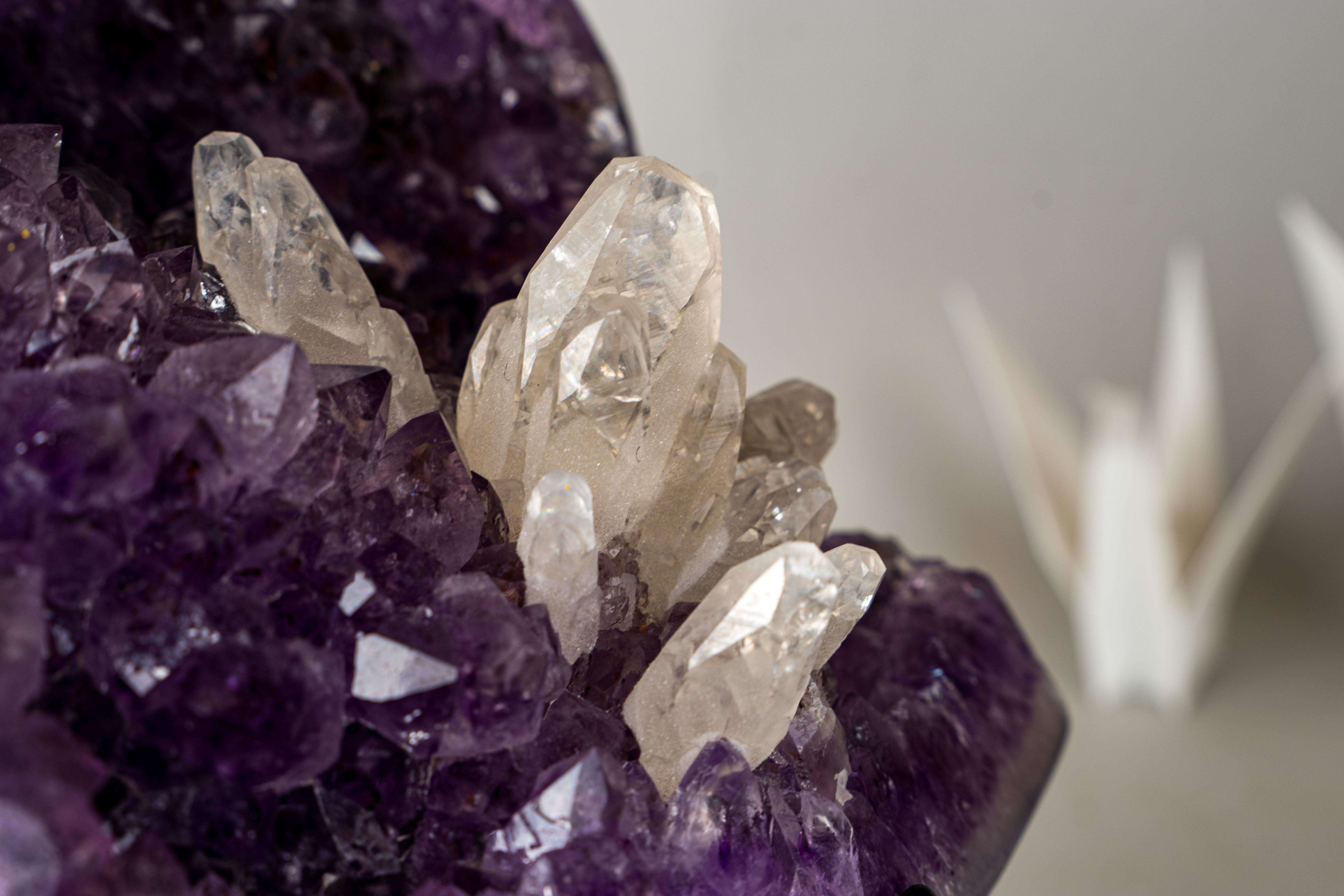 Brasiliano Geode di ametista viola intenso con fiore di calcite cristallizzato in vendita