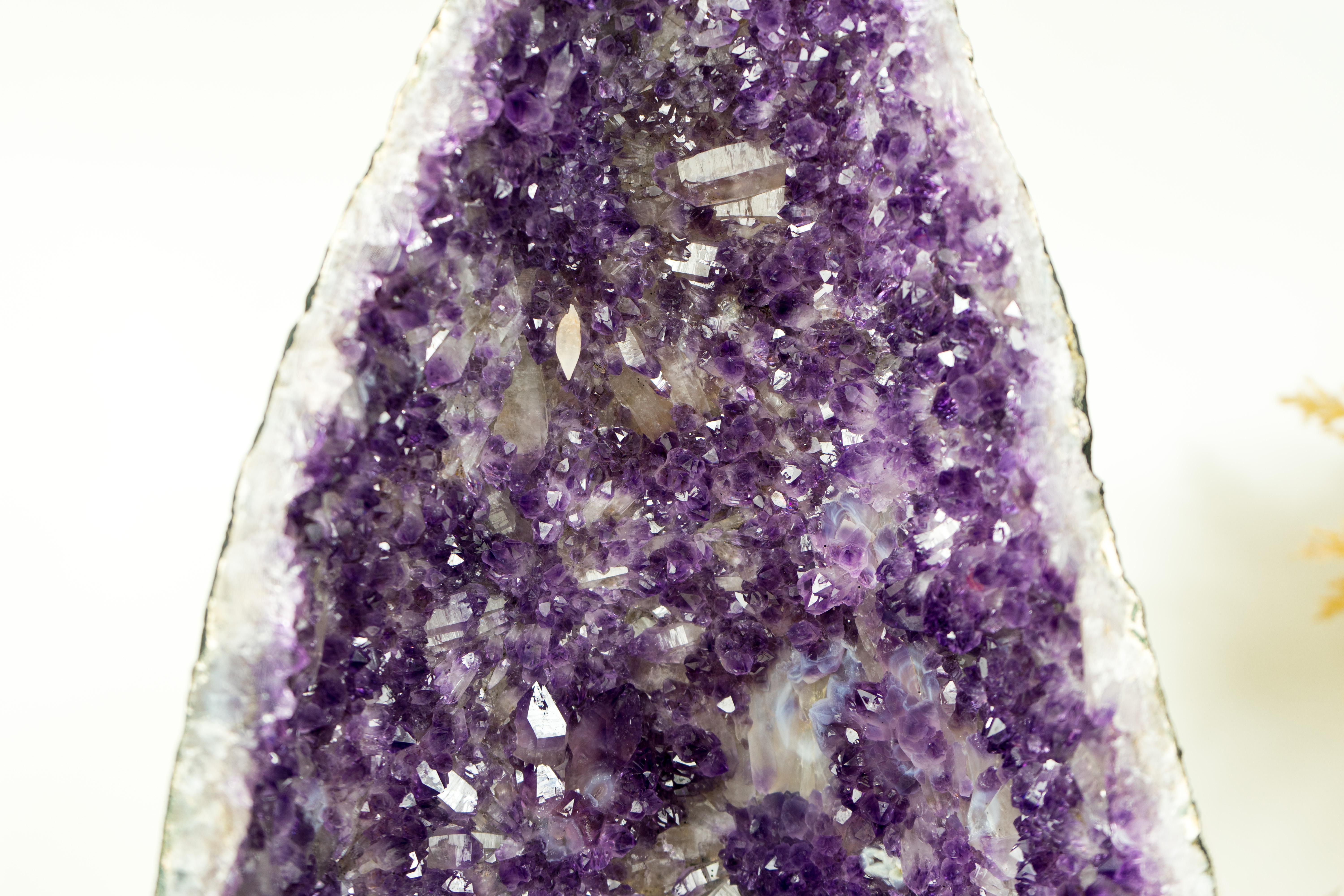 Deep Purple Amethyst Geode with Rare Flower-Like Druzy Formation and Calcite For Sale 6