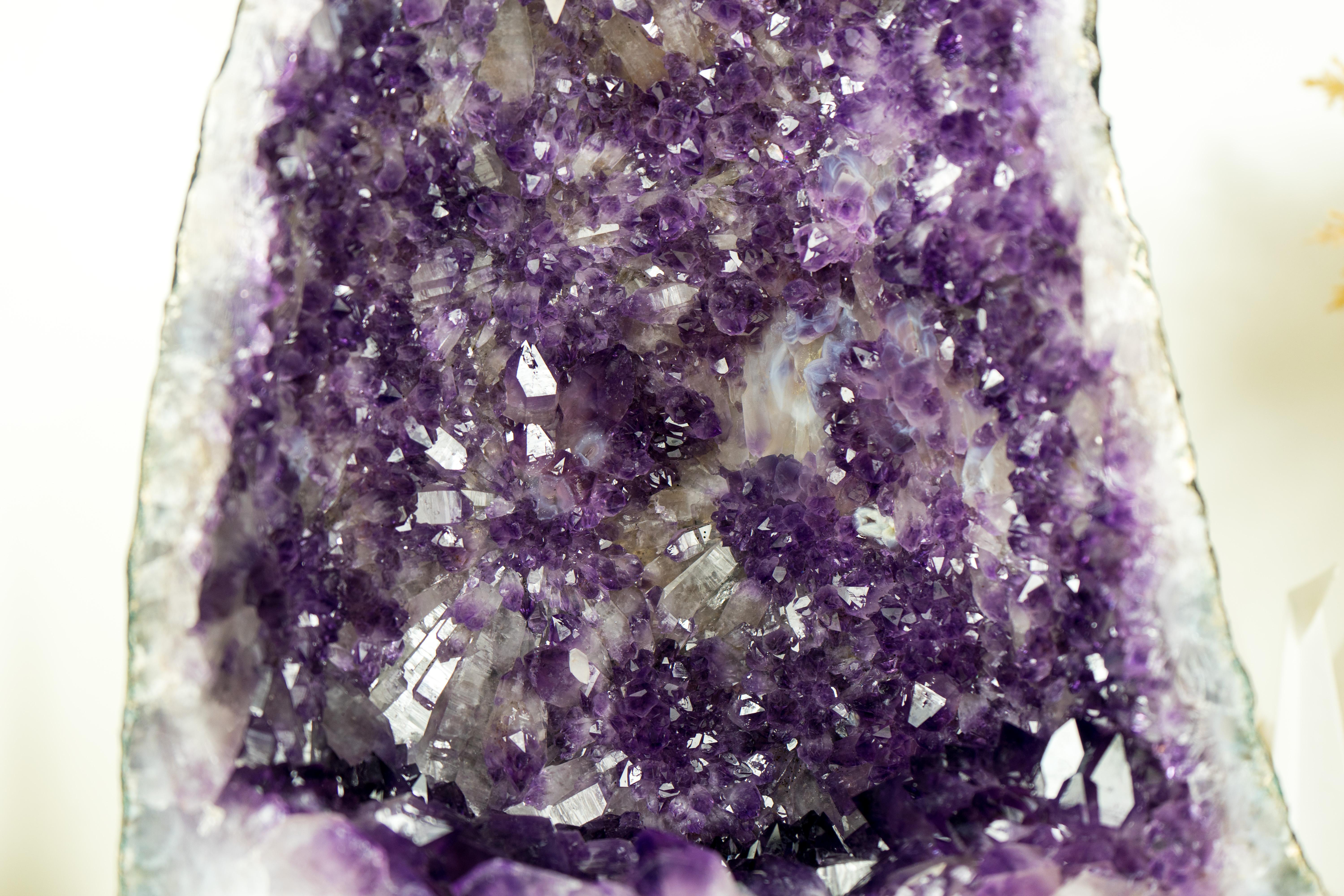 Deep Purple Amethyst Geode with Rare Flower-Like Druzy Formation and Calcite For Sale 7