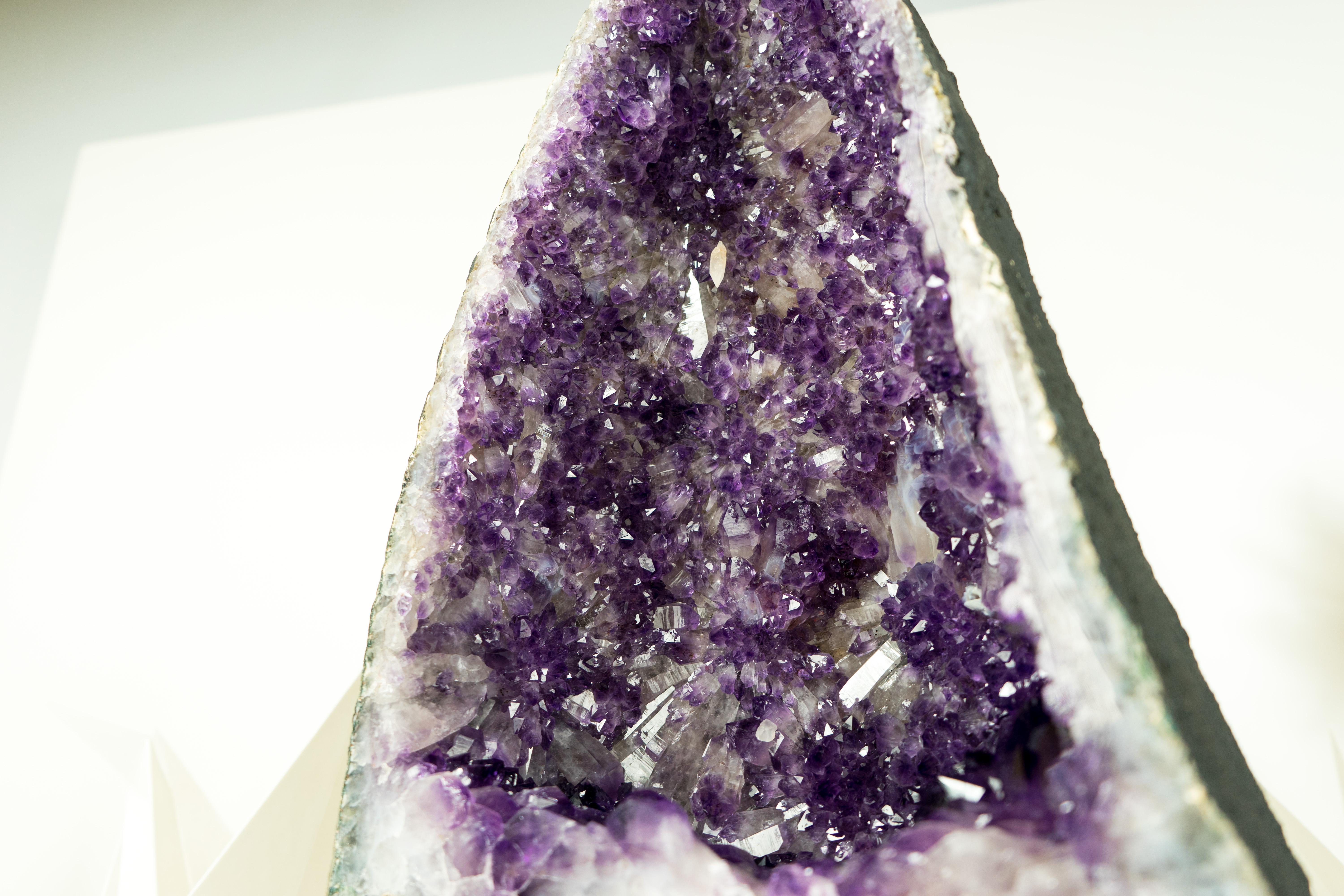 Deep Purple Amethyst Geode with Rare Flower-Like Druzy Formation and Calcite For Sale 10