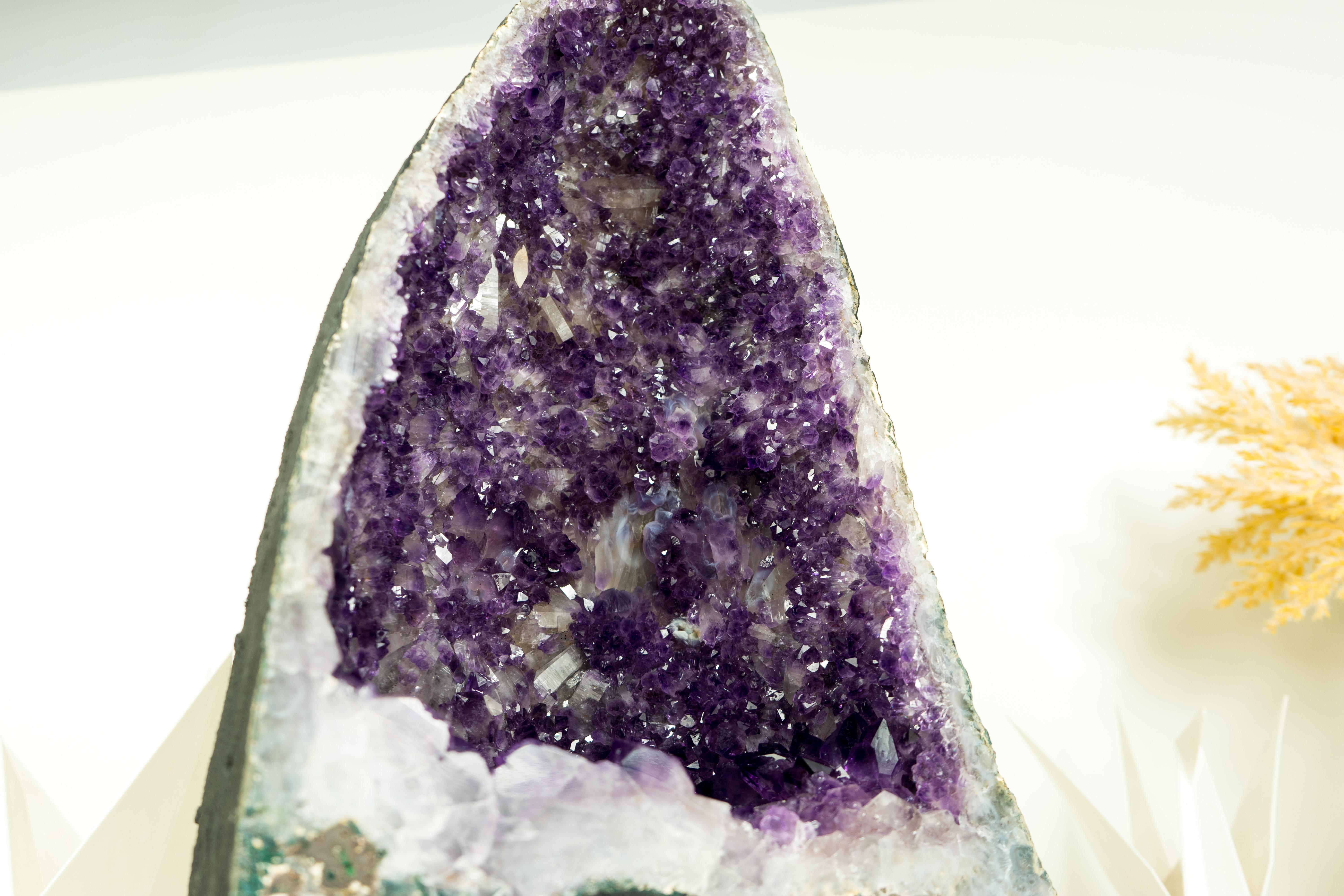 Brazilian Deep Purple Amethyst Geode with Rare Flower-Like Druzy Formation and Calcite For Sale
