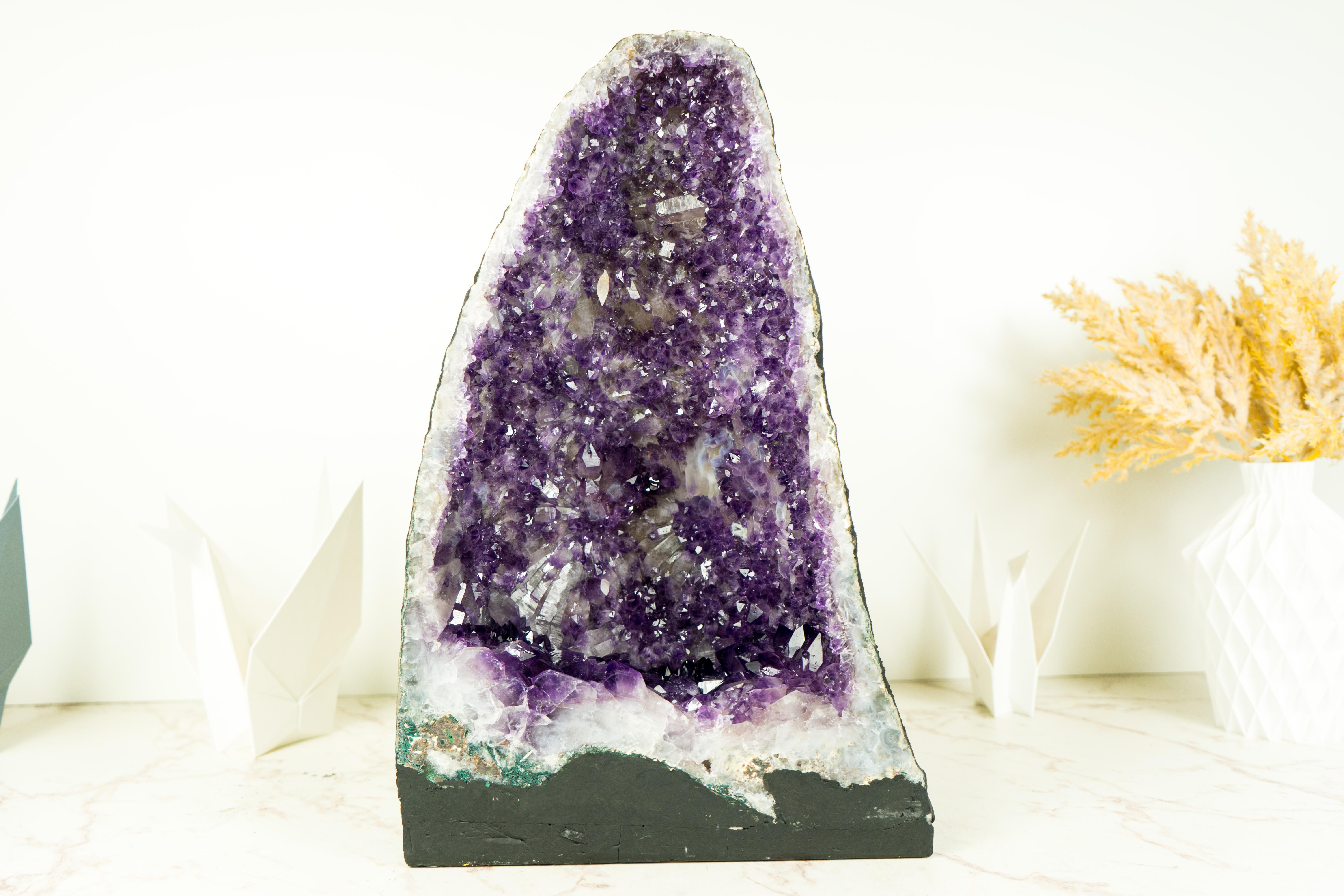 Contemporary Deep Purple Amethyst Geode with Rare Flower-Like Druzy Formation and Calcite For Sale