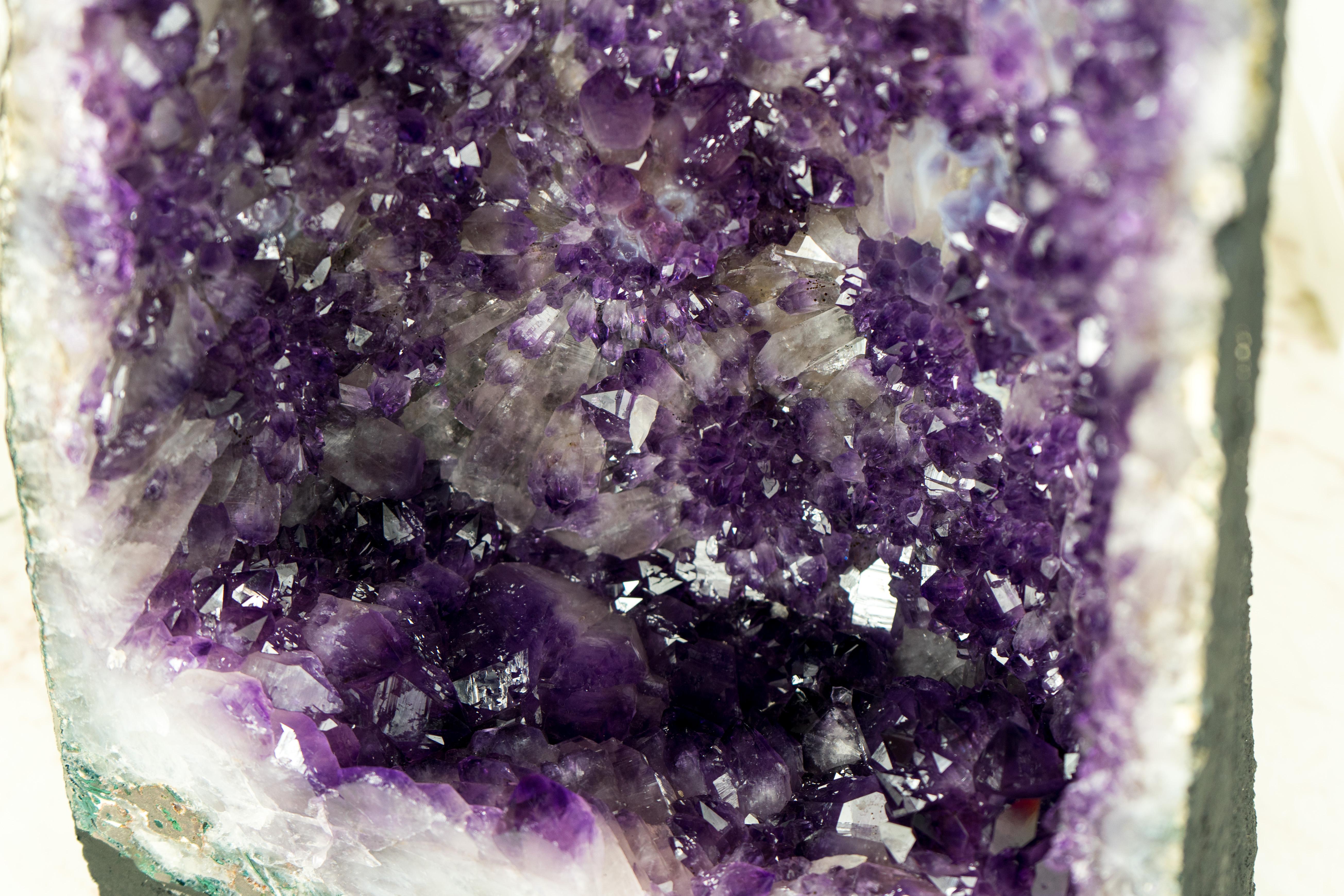 Deep Purple Amethyst Geode with Rare Flower-Like Druzy Formation and Calcite For Sale 2