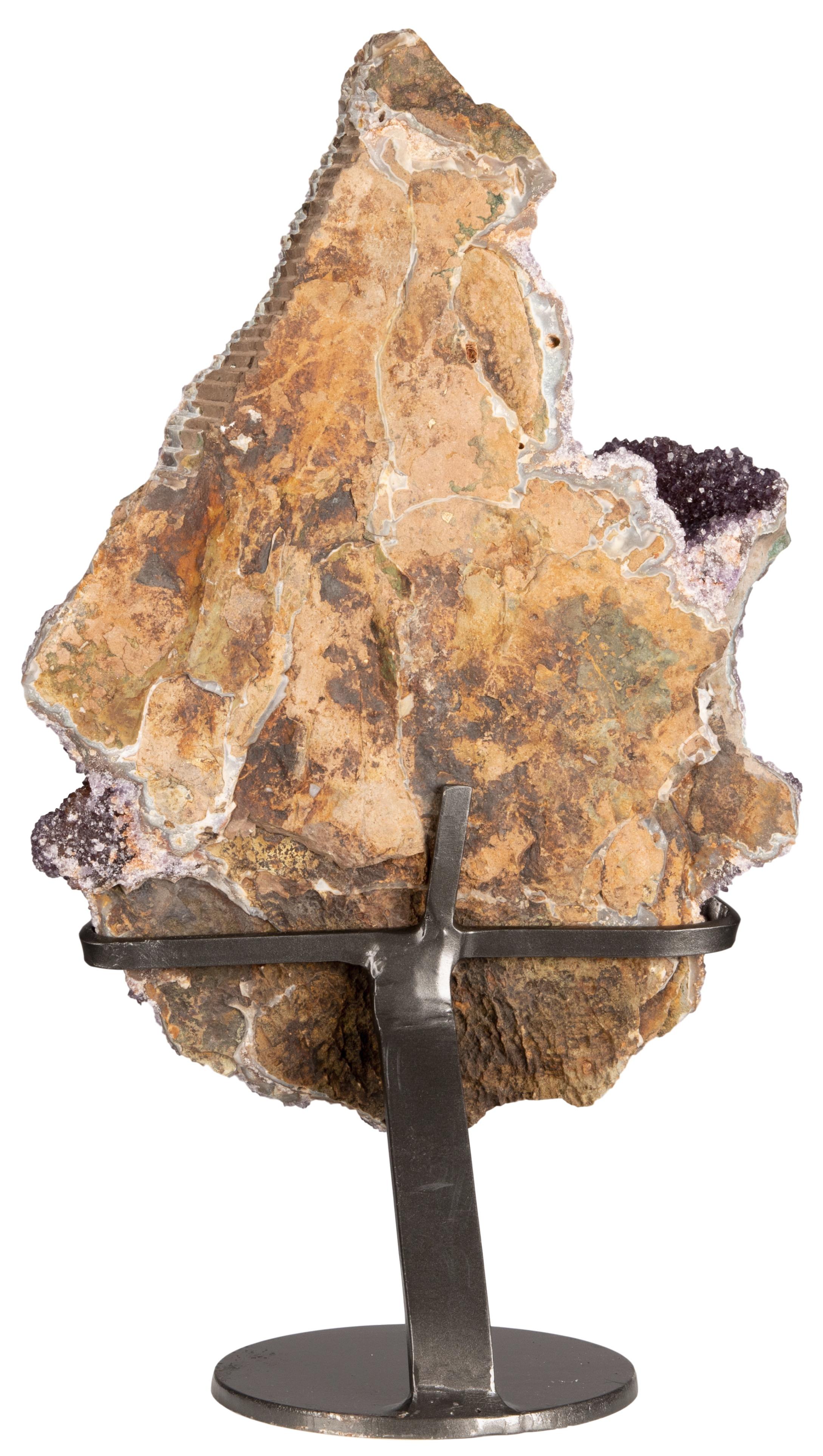 Uruguayan Deep Purple Beautifully Shaped Amethyst Cluster with Stalactites on Metal Stand For Sale