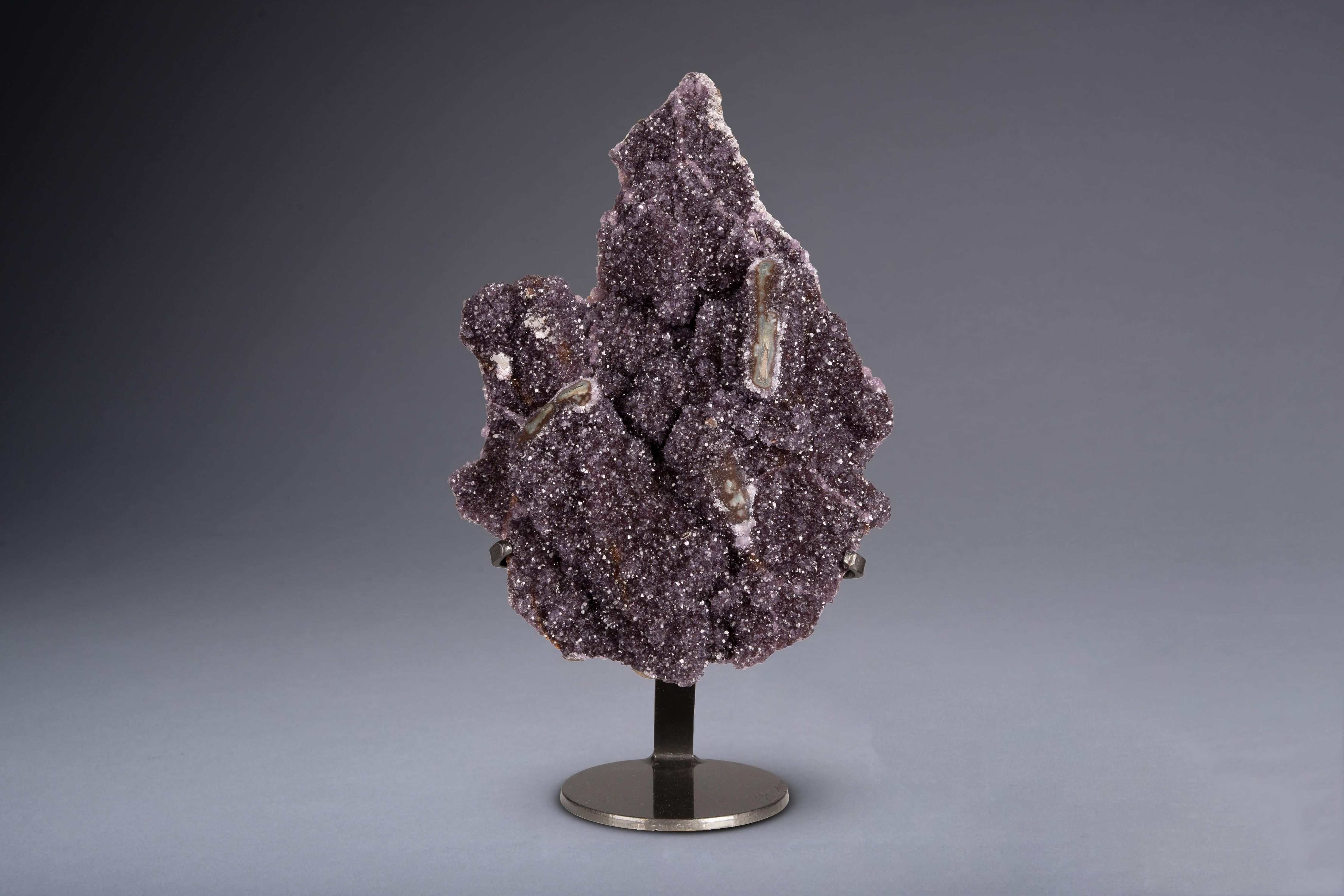 18th Century and Earlier Deep Purple Beautifully Shaped Amethyst Cluster with Stalactites on Metal Stand For Sale