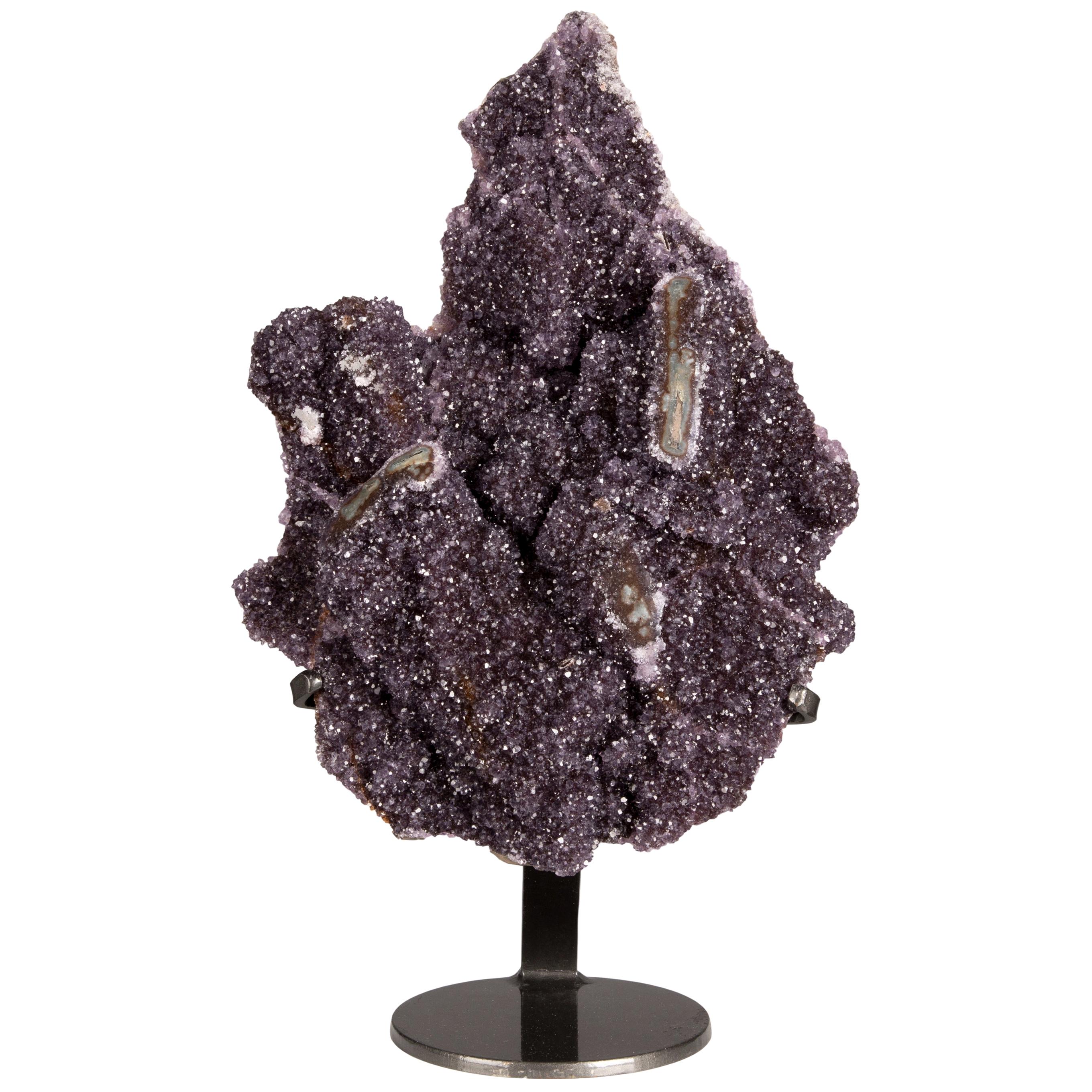 Deep Purple Beautifully Shaped Amethyst Cluster with Stalactites on Metal Stand