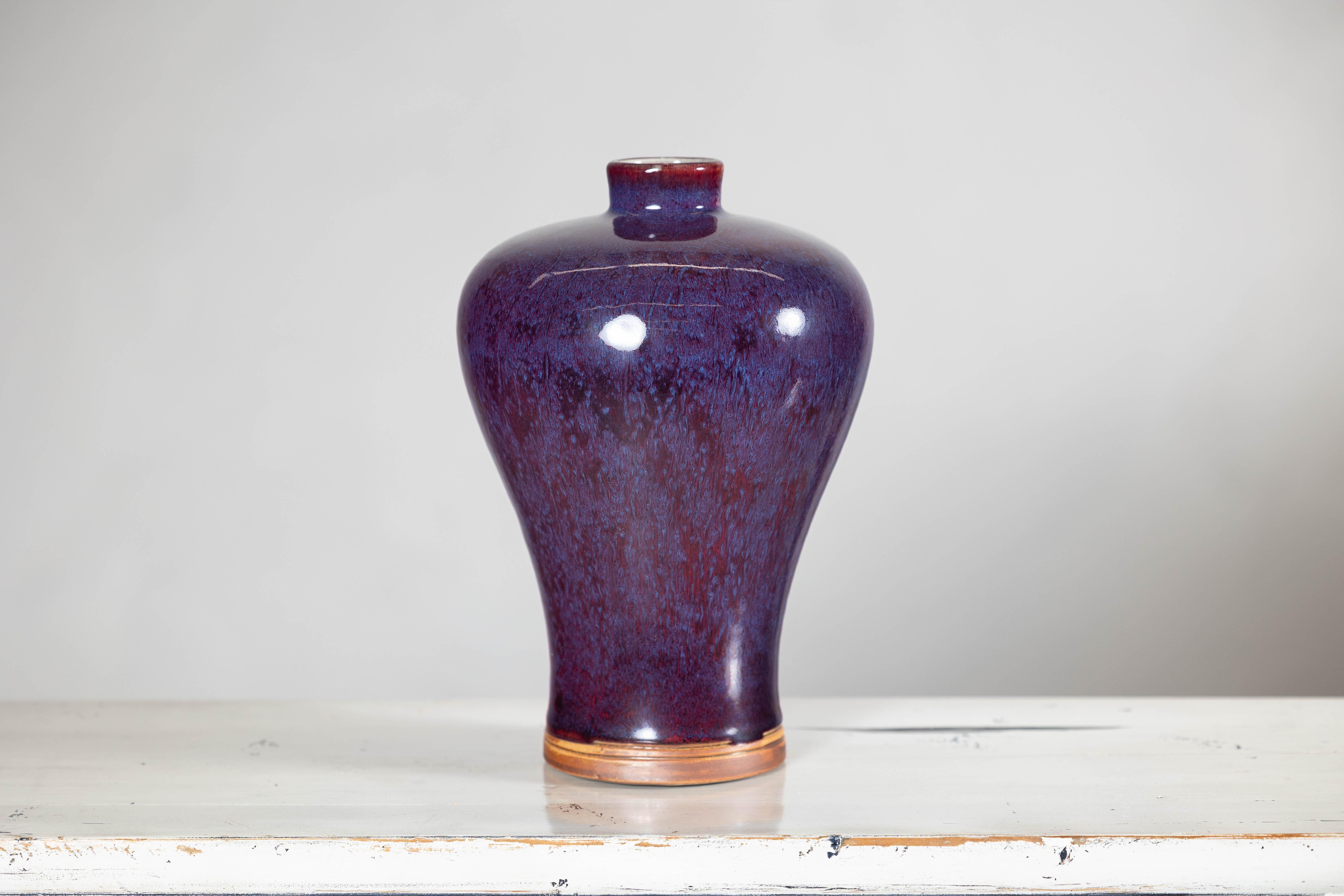 Glazed Deep Purple Meiping Vase with Glossy Two-Tone Glaze and Elegant Curved Form For Sale