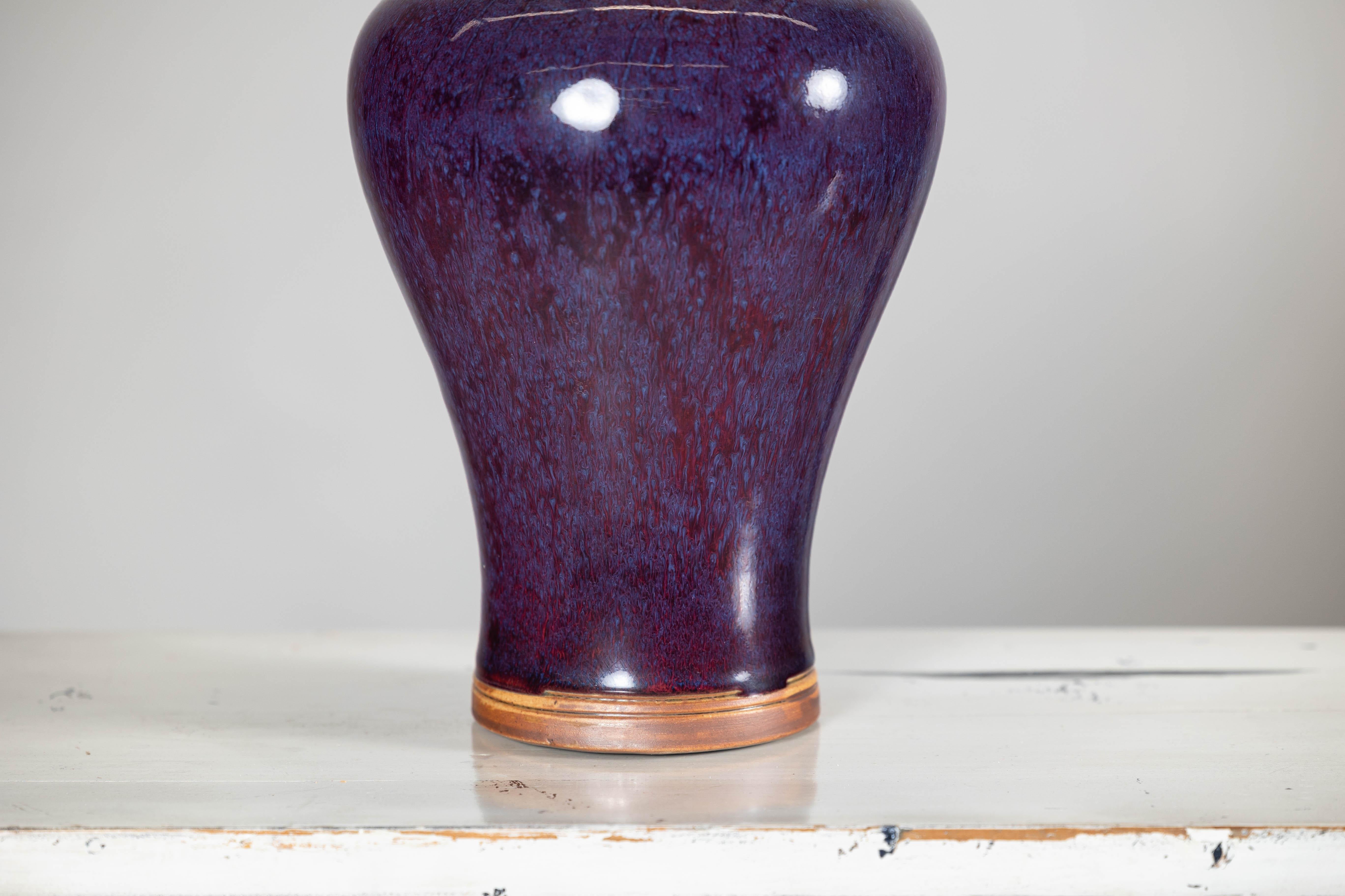 20th Century Deep Purple Meiping Vase with Glossy Two-Tone Glaze and Elegant Curved Form For Sale