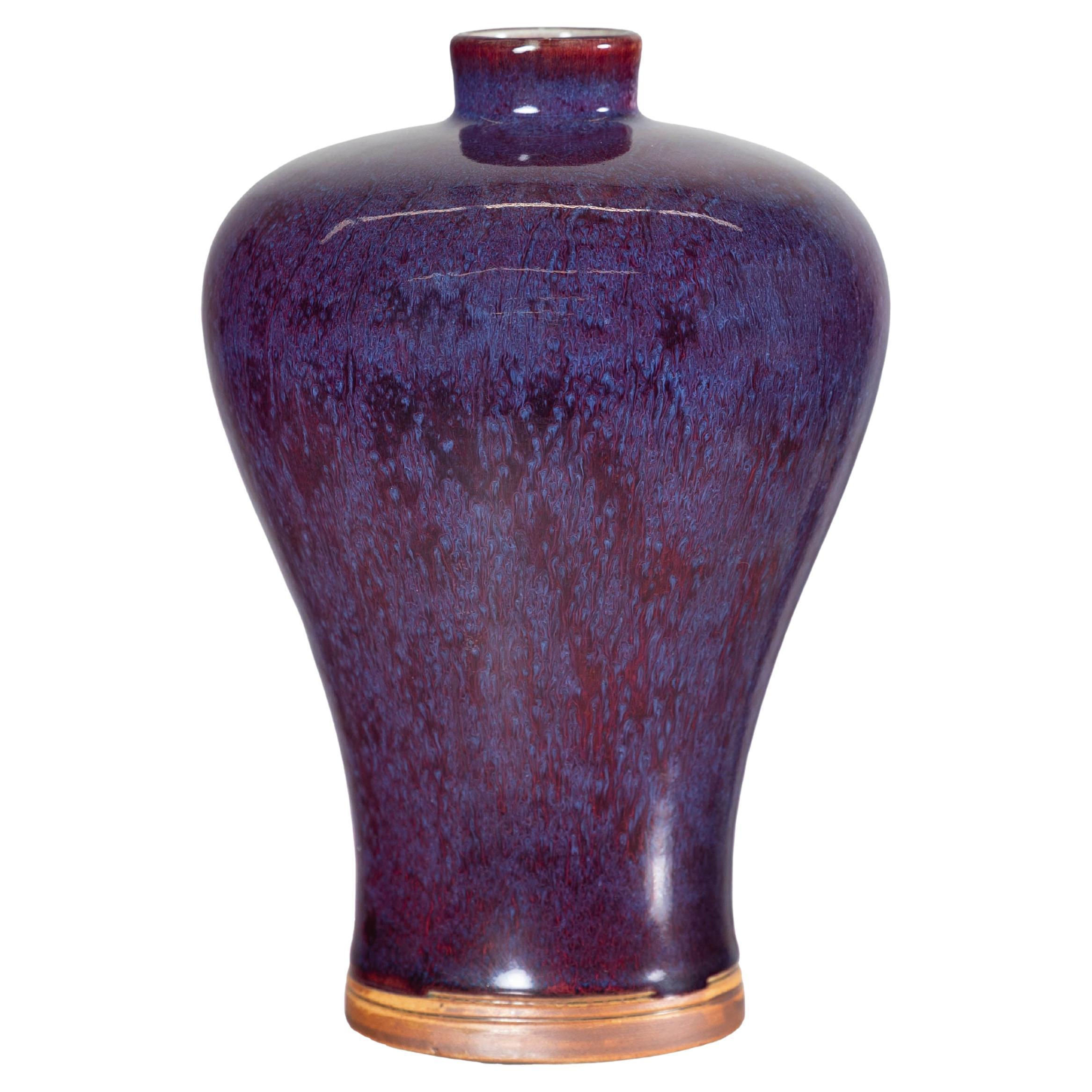 Deep Purple Meiping Vase with Glossy Two-Tone Glaze and Elegant Curved Form For Sale