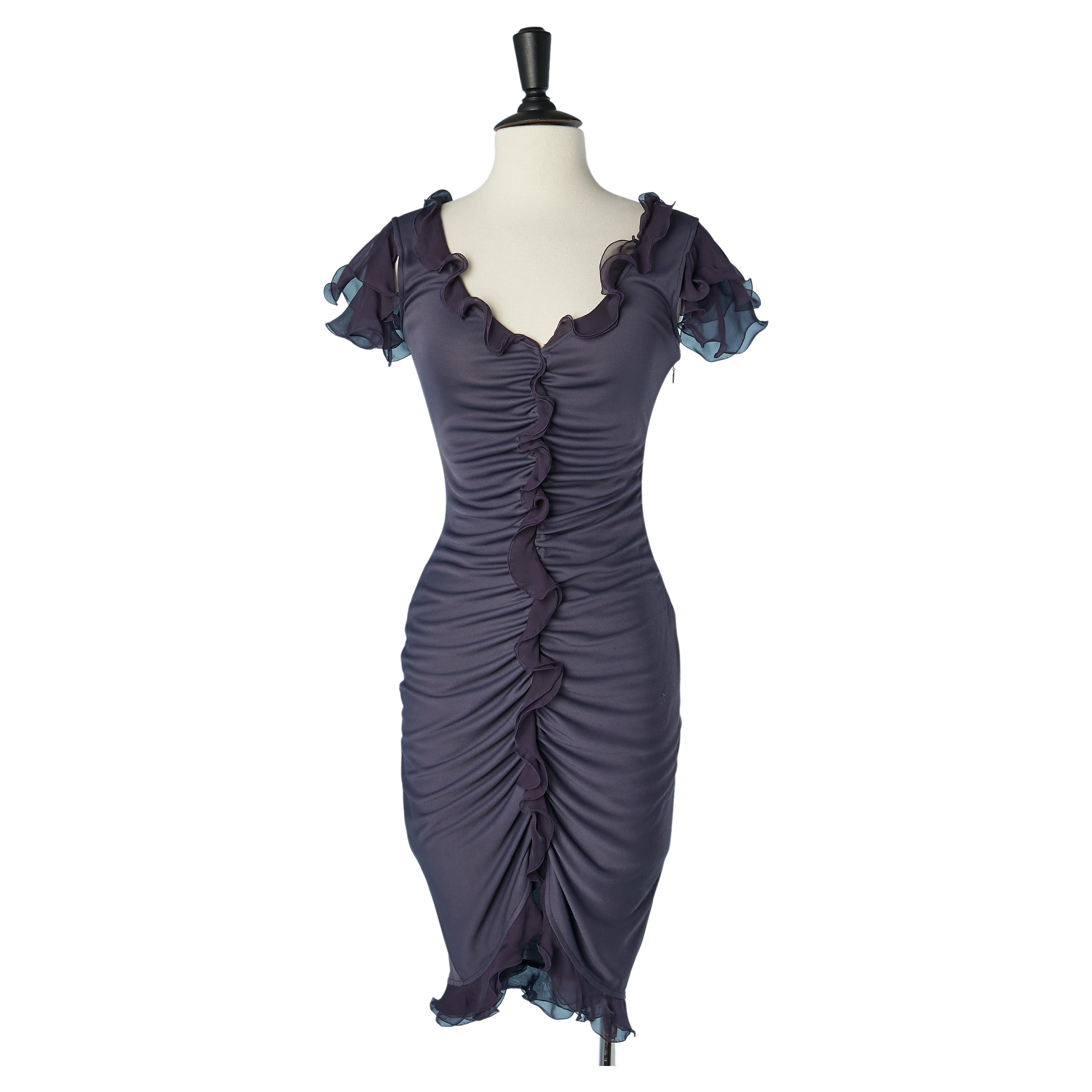 Deep purple rayon jersey drape cocktail dress with ruffles Emanuel Ungaro For Sale