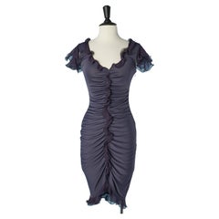 Deep purple rayon jersey drape cocktail dress with ruffles Emanuel Ungaro