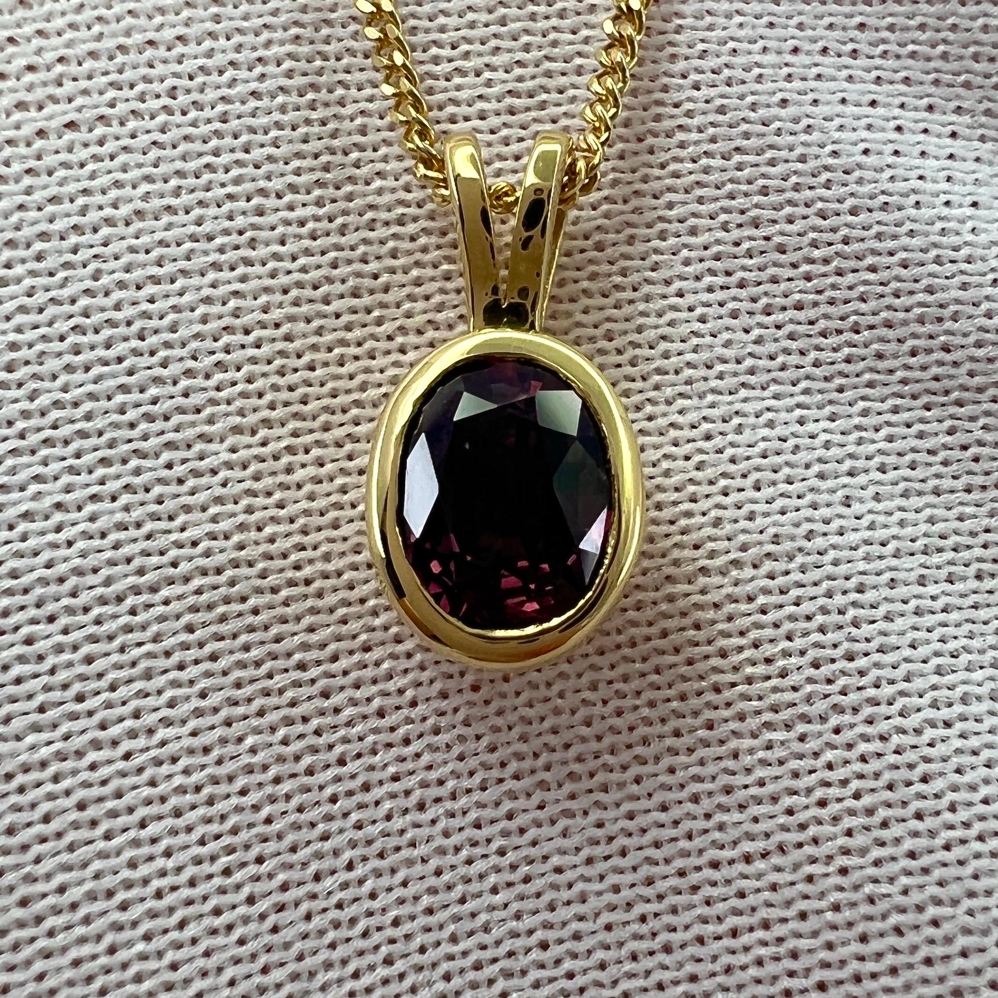 Deep Purple Red Ruby 18 Karat Yellow Gold Solitaire Pendant Necklace.

Stunning 1.20 carat ruby with a beautiful deep purplish red colour and excellent oval cut. Also has good clarity with only some small natural inclusions visible when looking