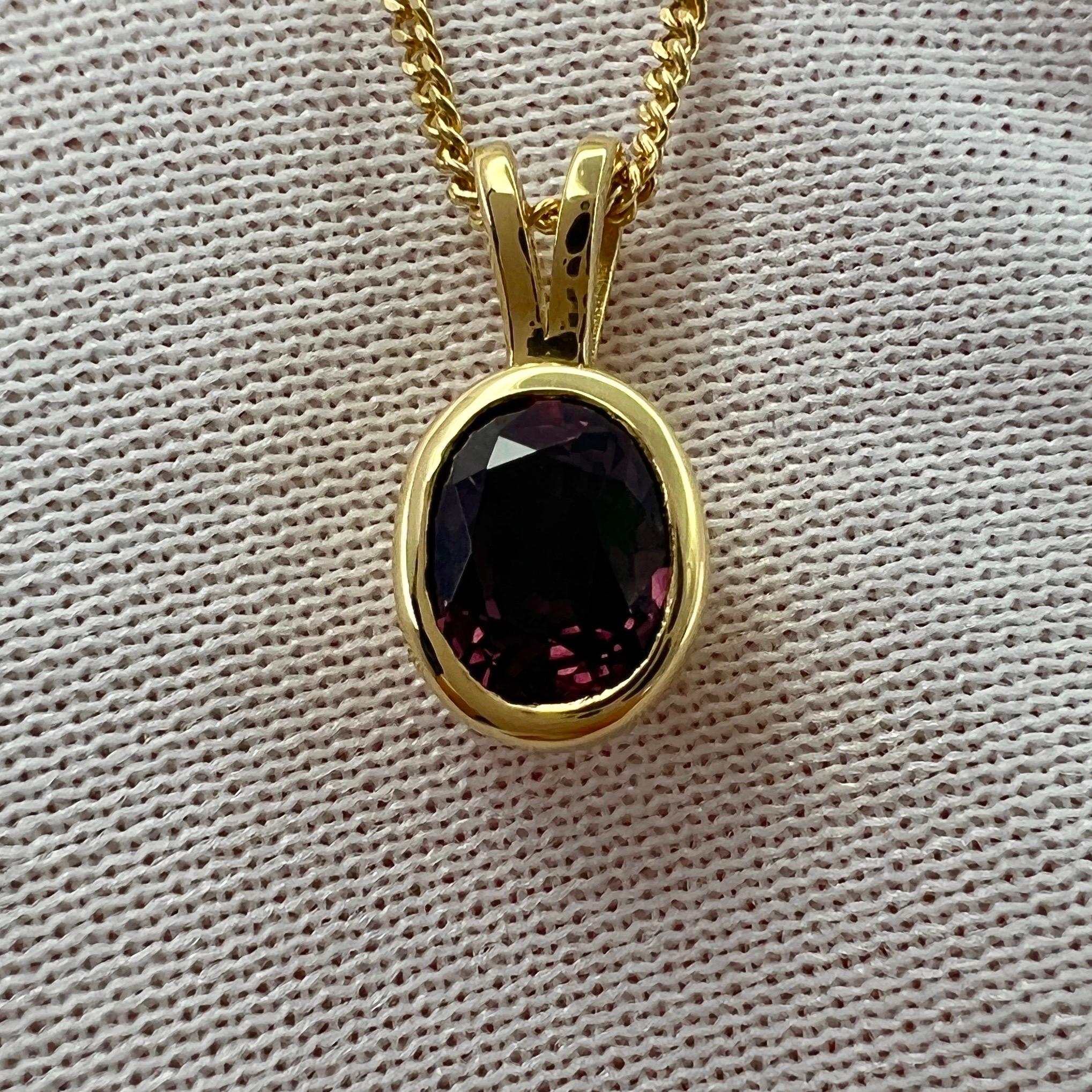 Deep Purple Red Ruby 1.20ct Oval Cut 18k Yellow Gold Solitaire Pendant Necklace In New Condition For Sale In Birmingham, GB
