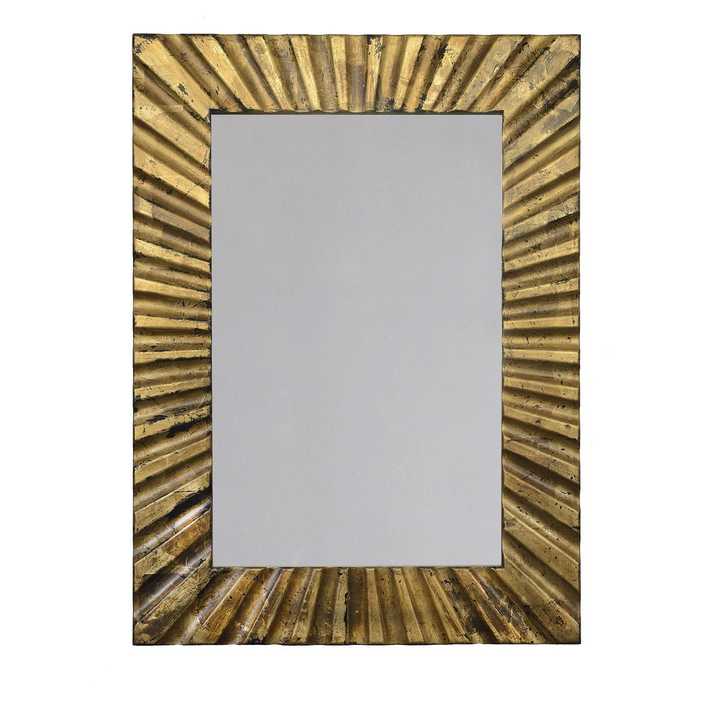 Contemporary Deep Rectangular Grooved Bronze-Leaf Wooden Wall Mirror by Spini Firenze For Sale