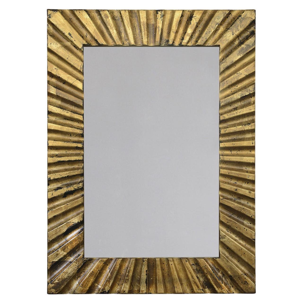 Deep Rectangular Grooved Bronze-Leaf Wooden Wall Mirror by Spini Firenze