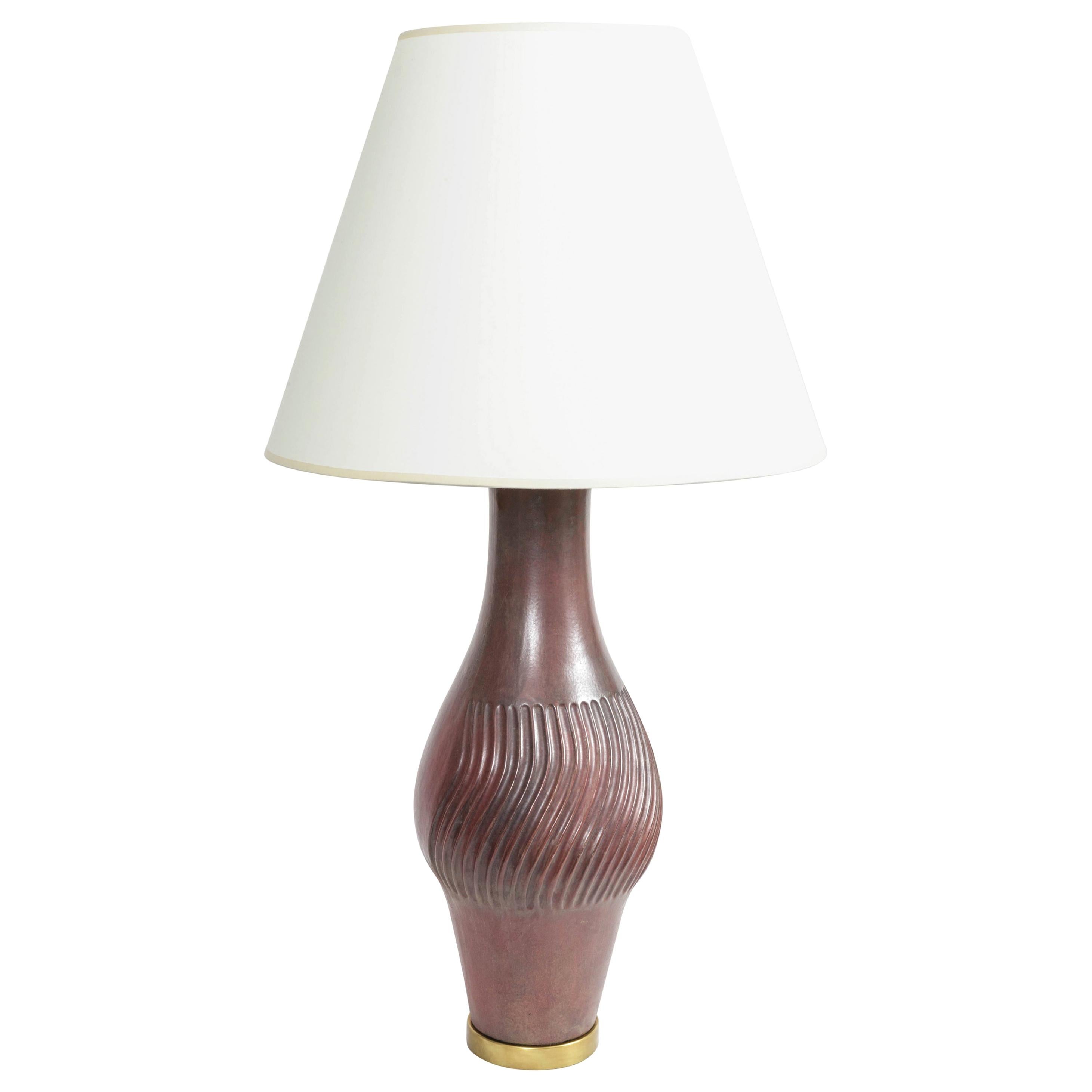 Deep Red Ceramic and Brass Table Lamp by Marcello Fantoni, Italy, circa 1958
