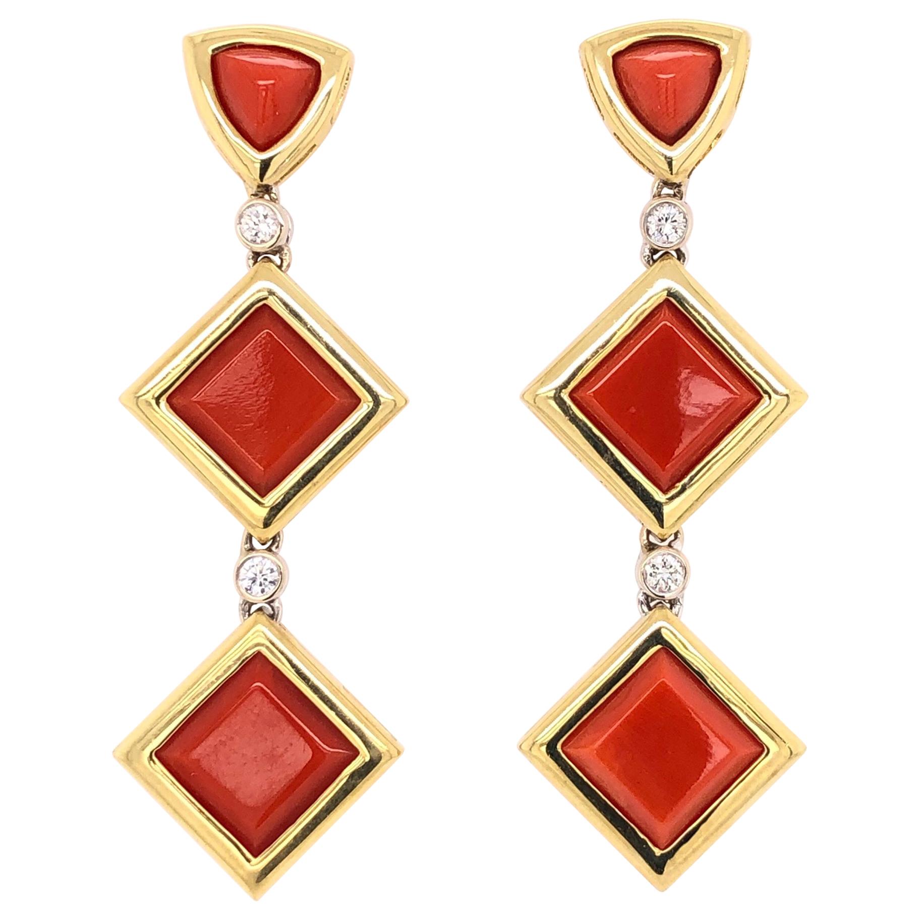 Vintage Deep Red Coral and Diamond Dangle Earrings Estate Fine Jewelry