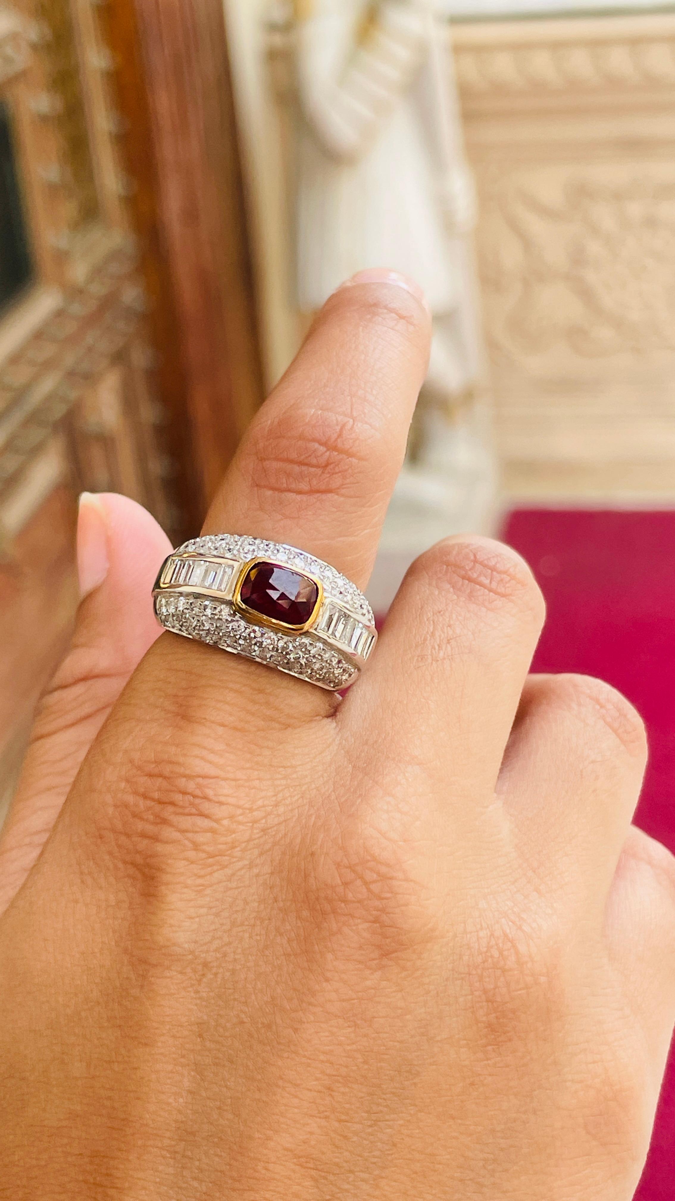 For Sale:  Deep Red Cushion Ruby Diamond Women Wedding Ring in 18k Solid White Gold 10
