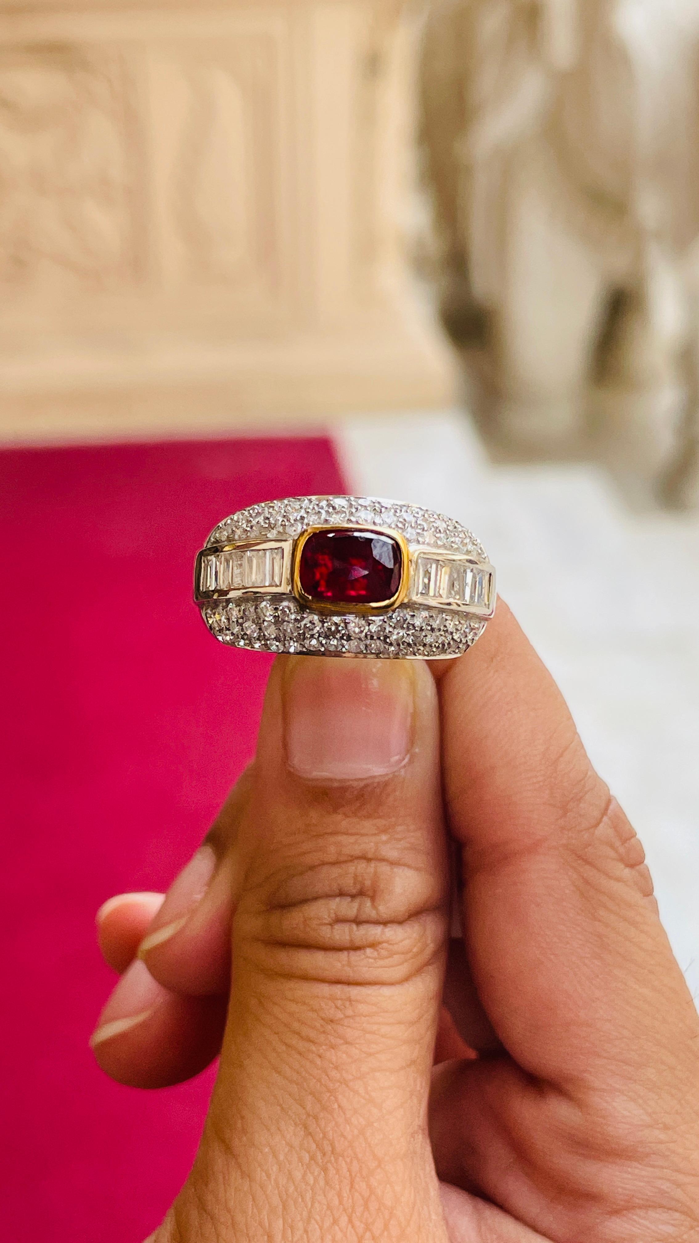 For Sale:  Deep Red Cushion Ruby Diamond Women Wedding Ring in 18k Solid White Gold 12