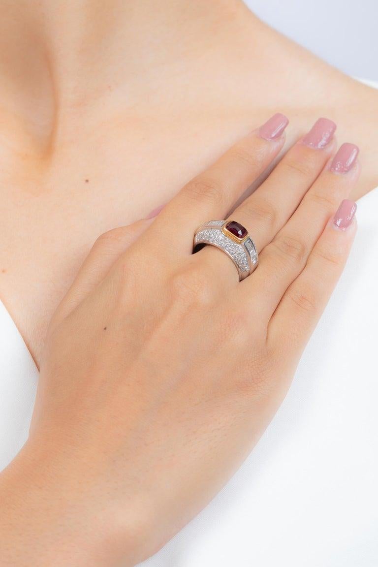For Sale:  Deep Red Cushion Ruby Diamond Women Wedding Ring in 18k Solid White Gold 9