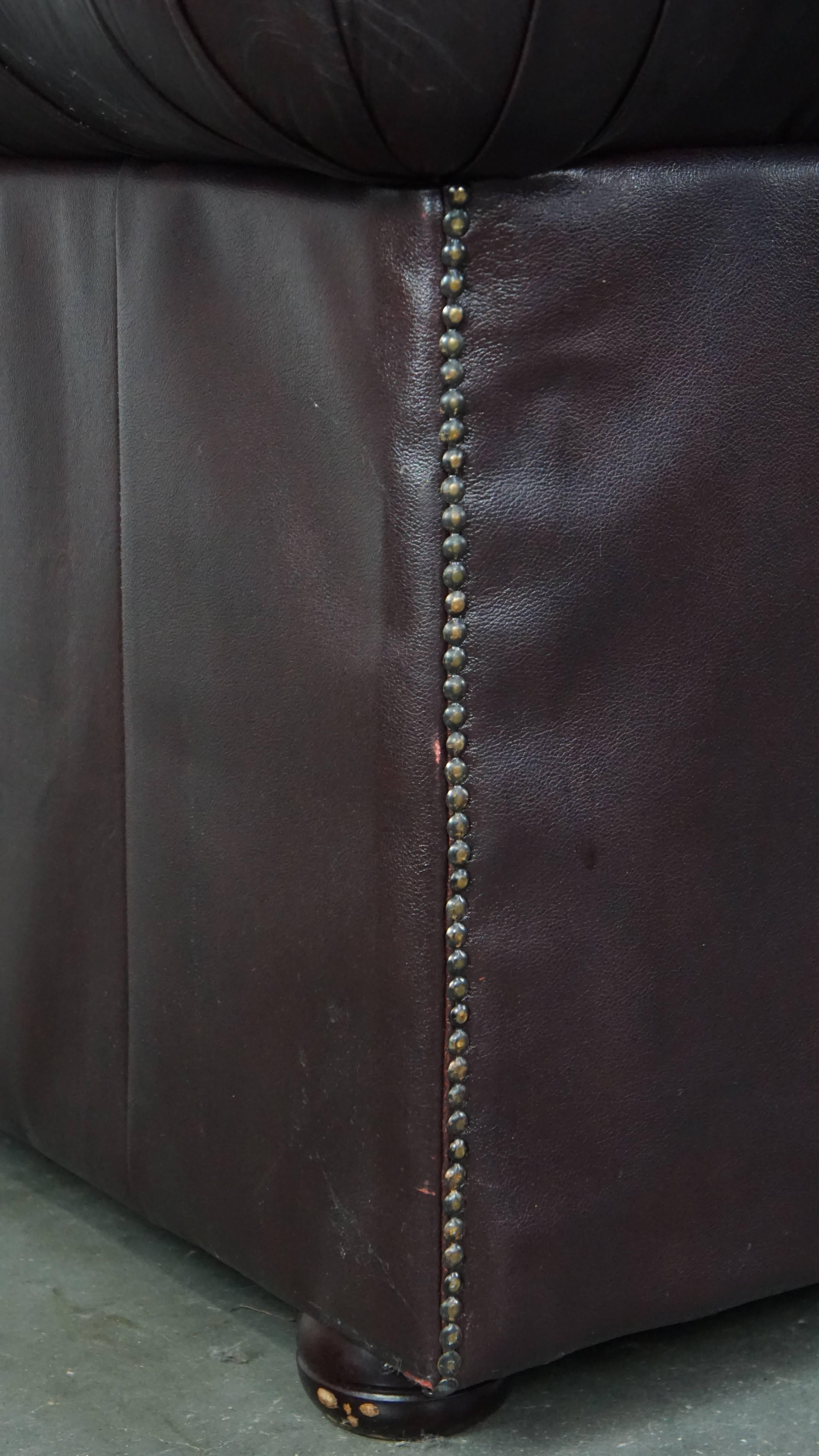 Sofá Chesterfield de 2,5 plazas en Piel de Vacuno Rojo Profundo Flameado en venta 9