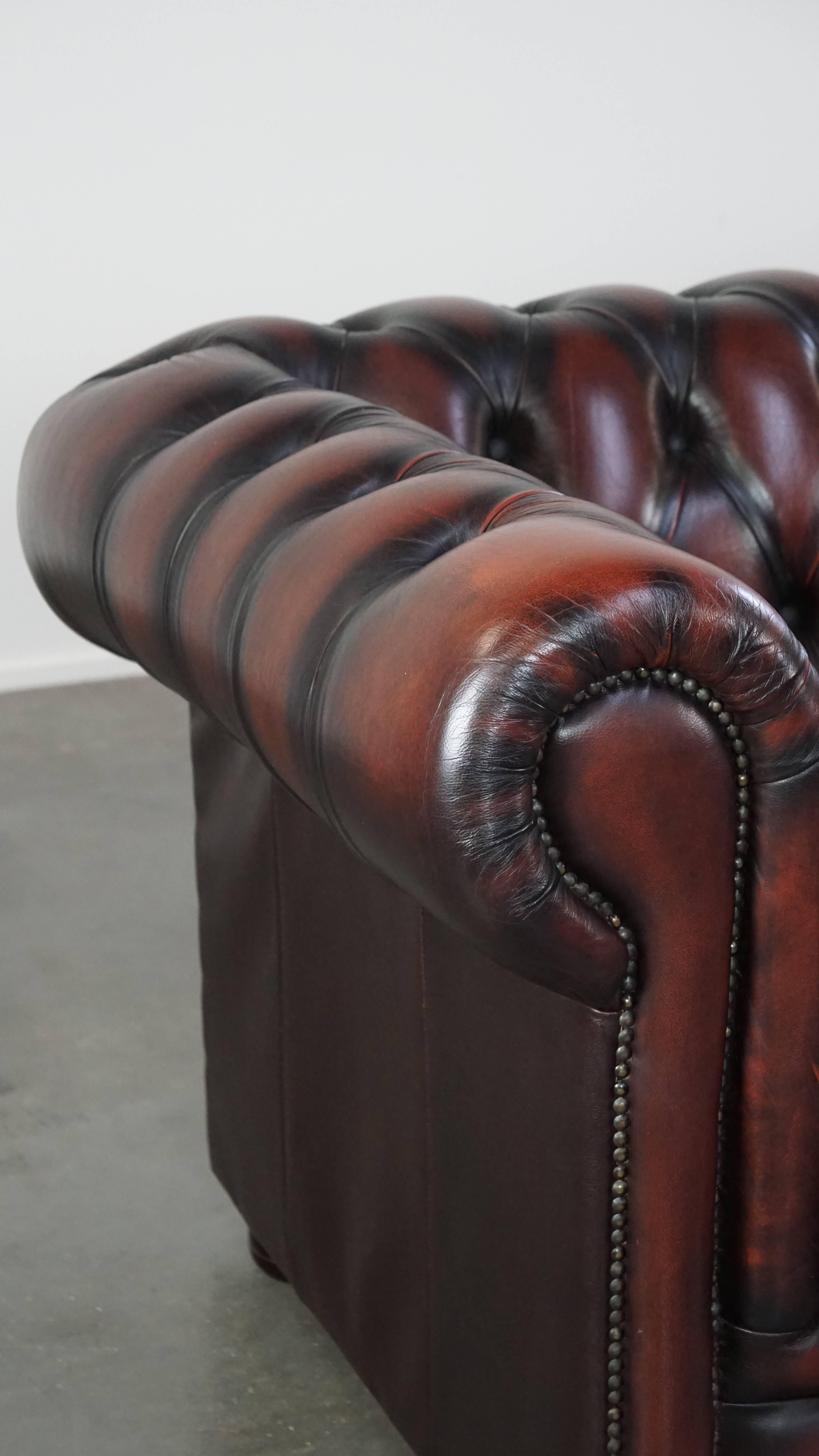 Sofá Chesterfield de 2,5 plazas en Piel de Vacuno Rojo Profundo Flameado Cuero de vaca en venta