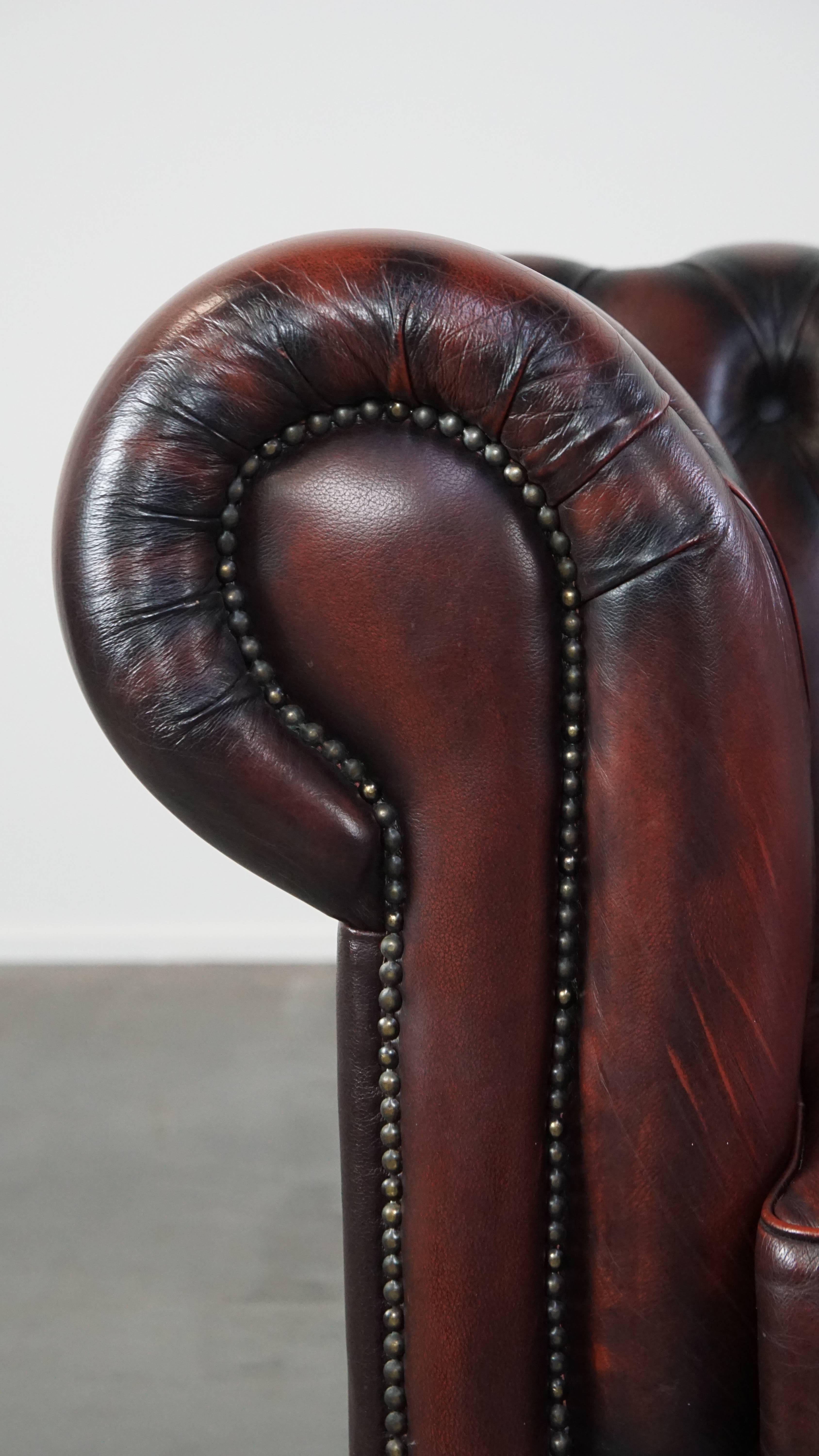 Sofá Chesterfield de 2,5 plazas en Piel de Vacuno Rojo Profundo Flameado en venta 2