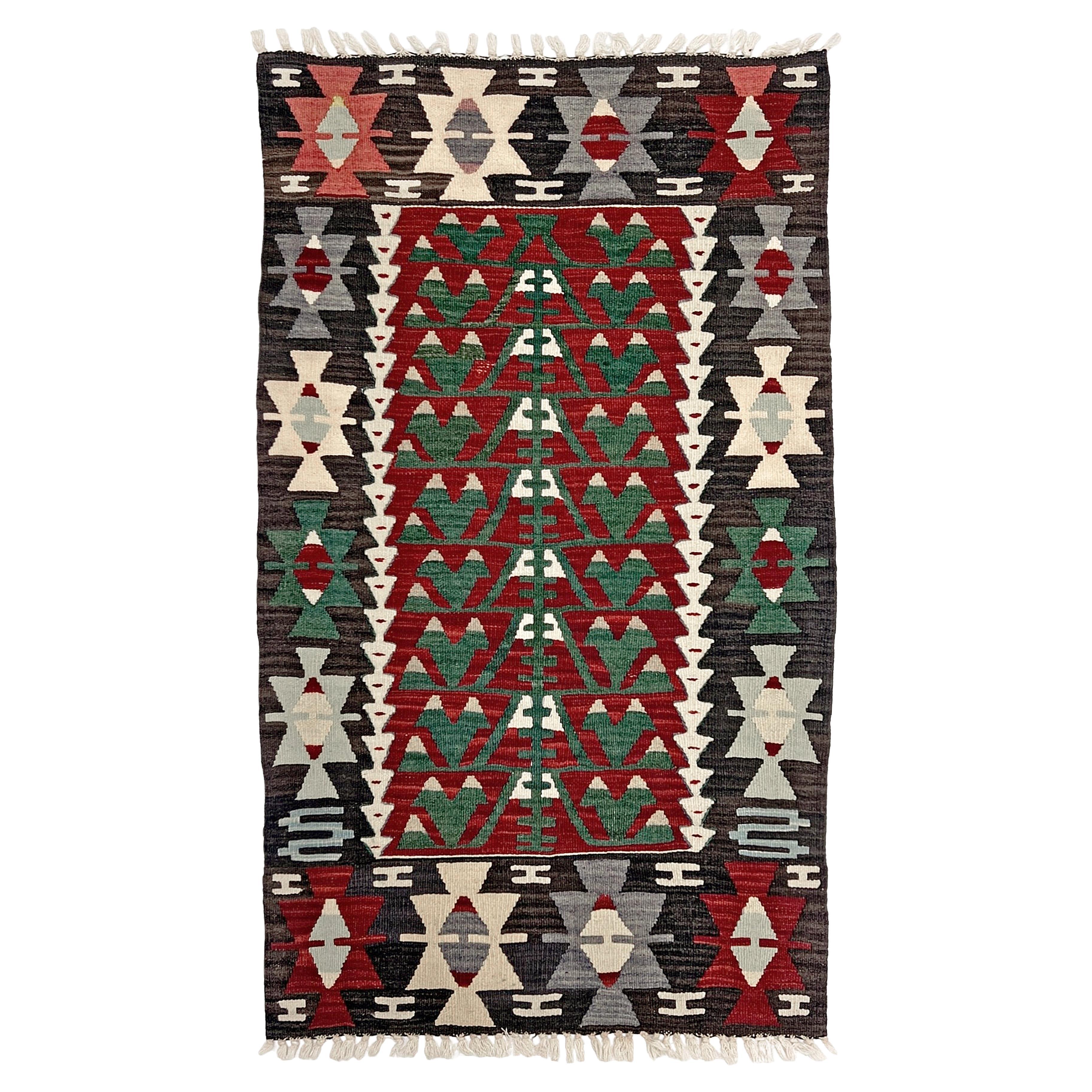Deep Red & Forest Green Vintage Turkish Kilim • Handmade Flatweave Rug (3×5) For Sale